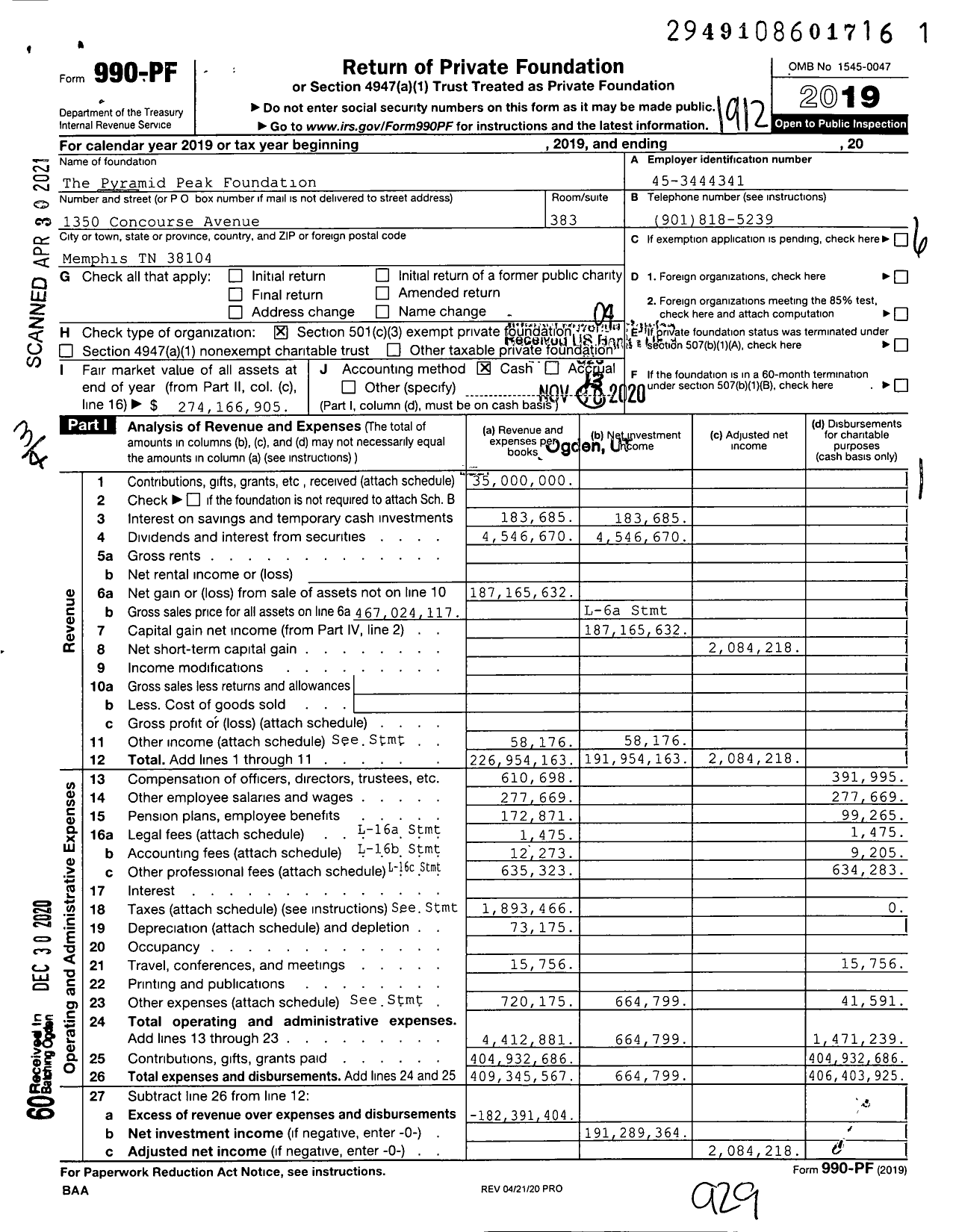 Image of first page of 2019 Form 990PF for Pyramid Peak Foundation