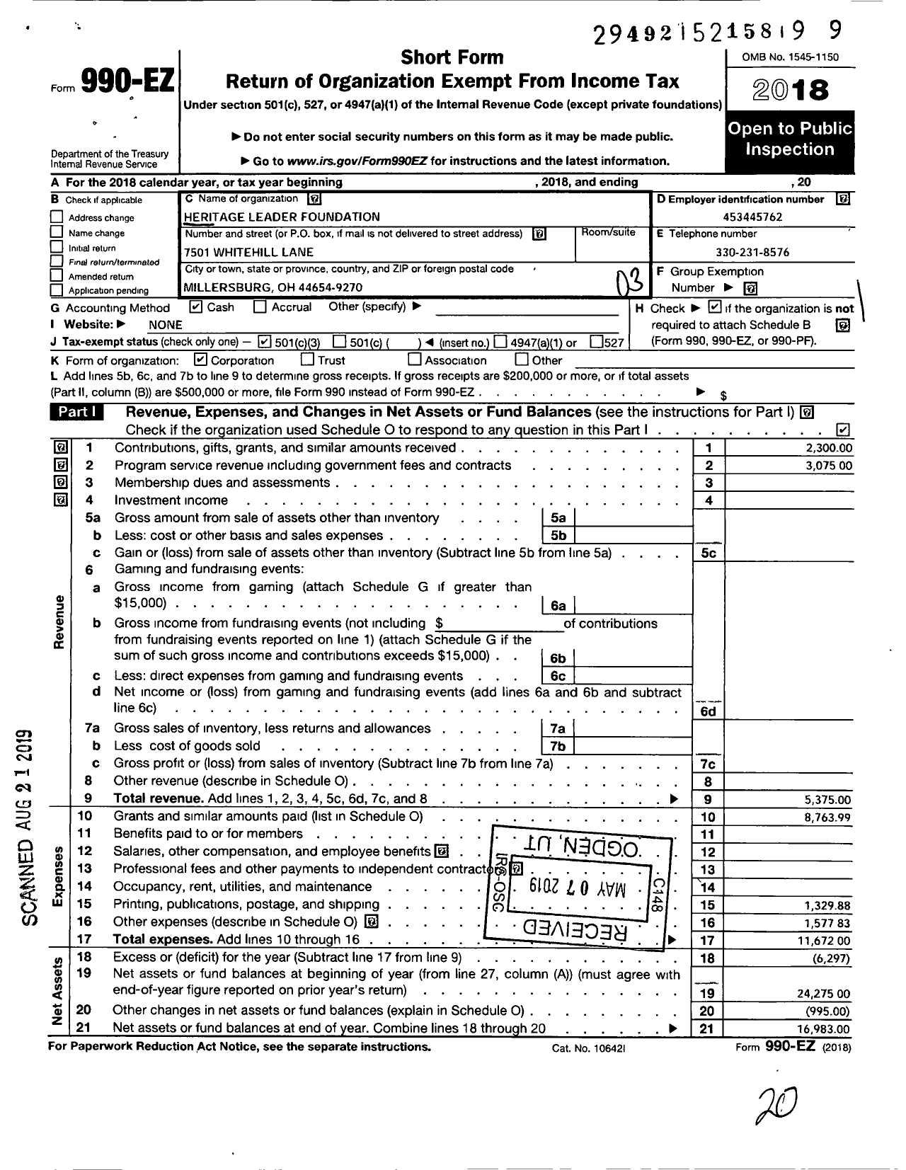 Image of first page of 2018 Form 990EZ for Heritage Leader Foundation