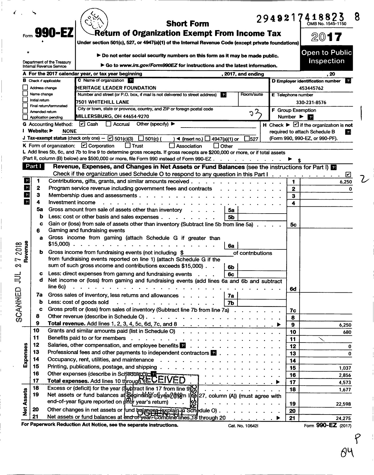 Image of first page of 2017 Form 990EZ for Heritage Leader Foundation