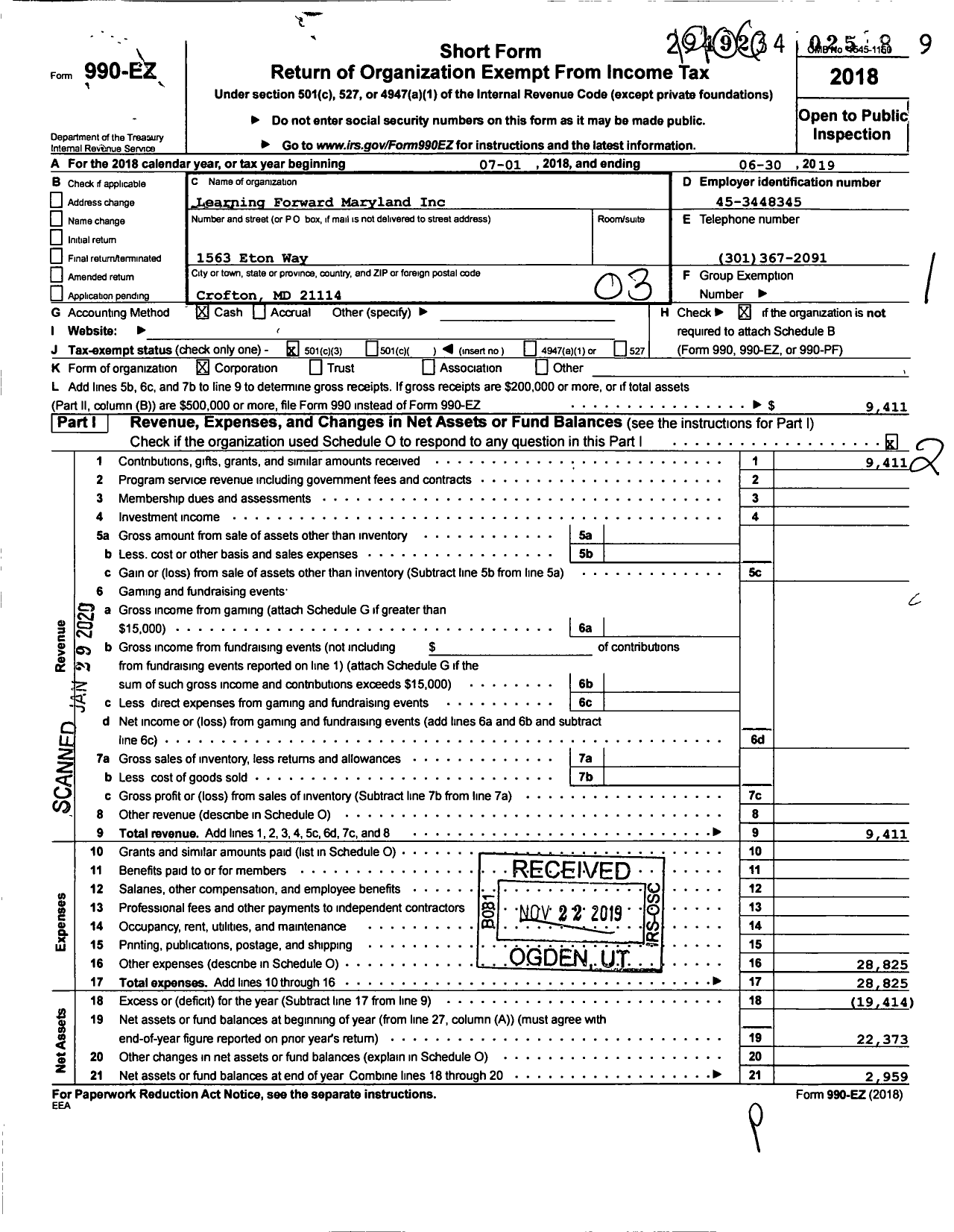 Image of first page of 2018 Form 990EZ for Learning Forward Maryland