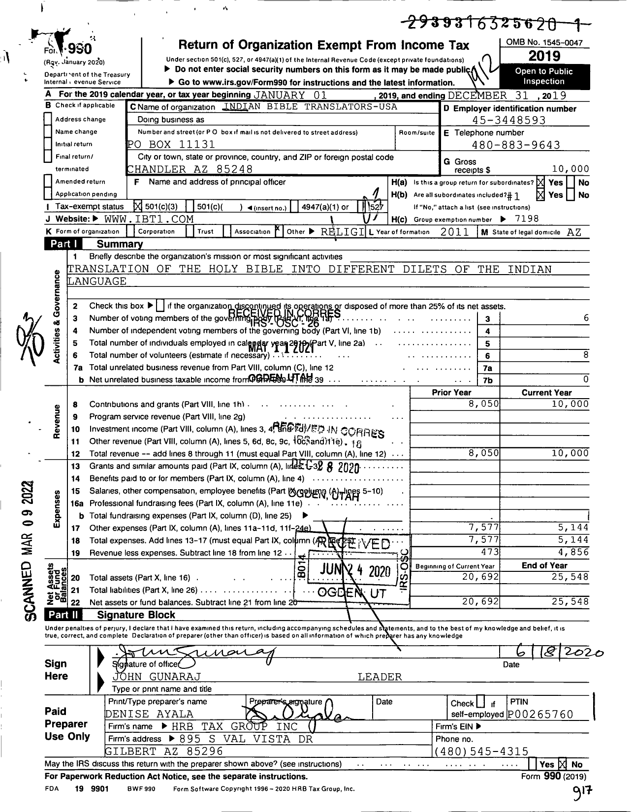 Image of first page of 2019 Form 990 for Indian Bible Translators-Usa