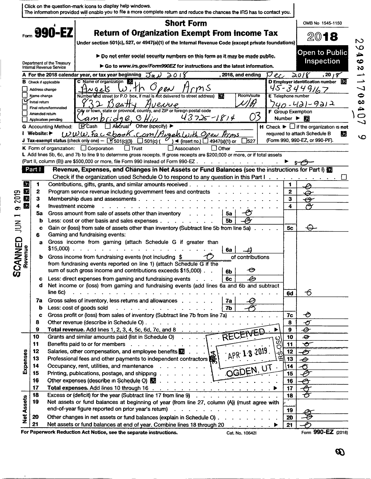 Image of first page of 2018 Form 990EZ for Angels with Open Arms / Non Profit