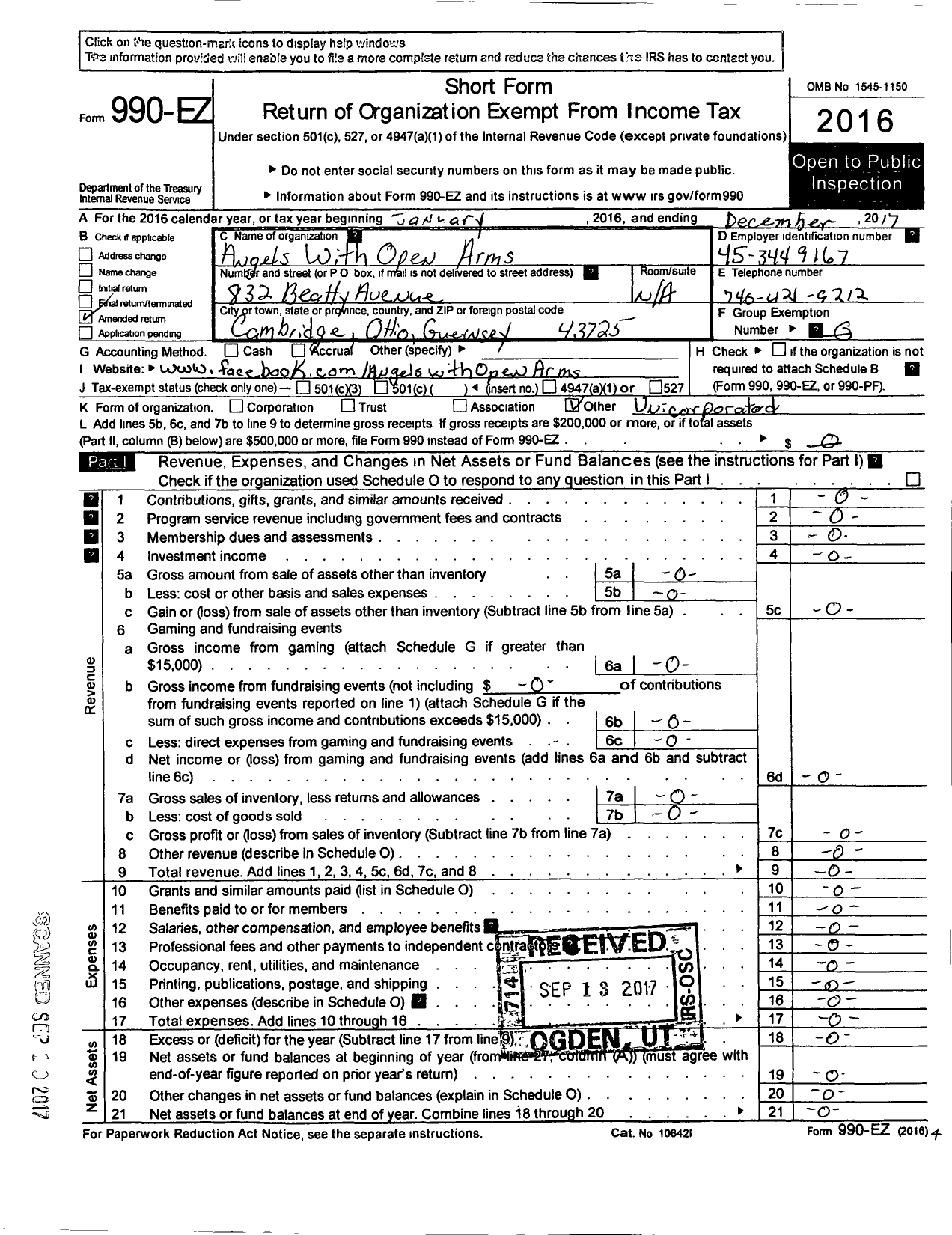 Image of first page of 2017 Form 990EO for Angels with Open Arms / Non Profit