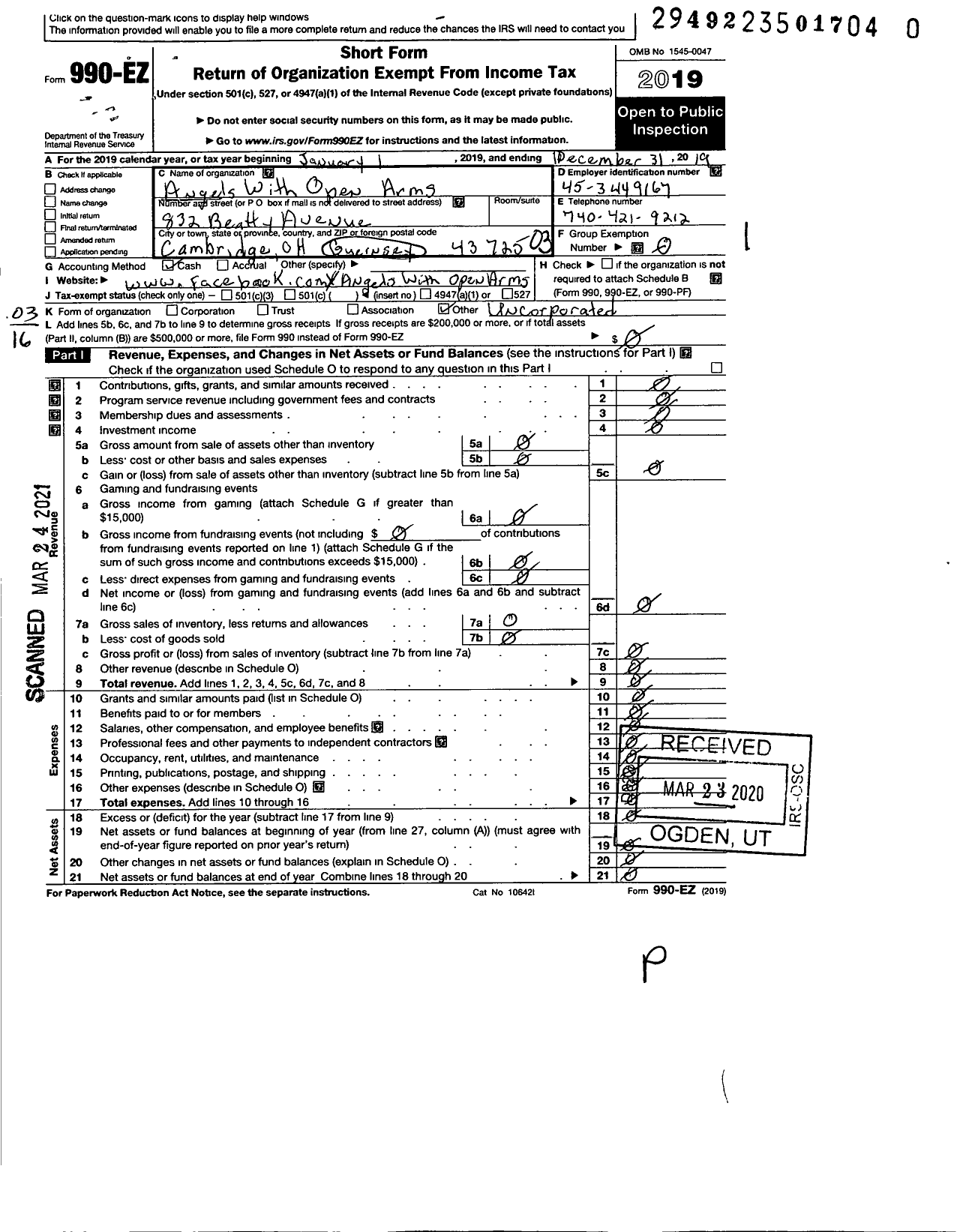 Image of first page of 2019 Form 990EZ for Angels with Open Arms / Non Profit