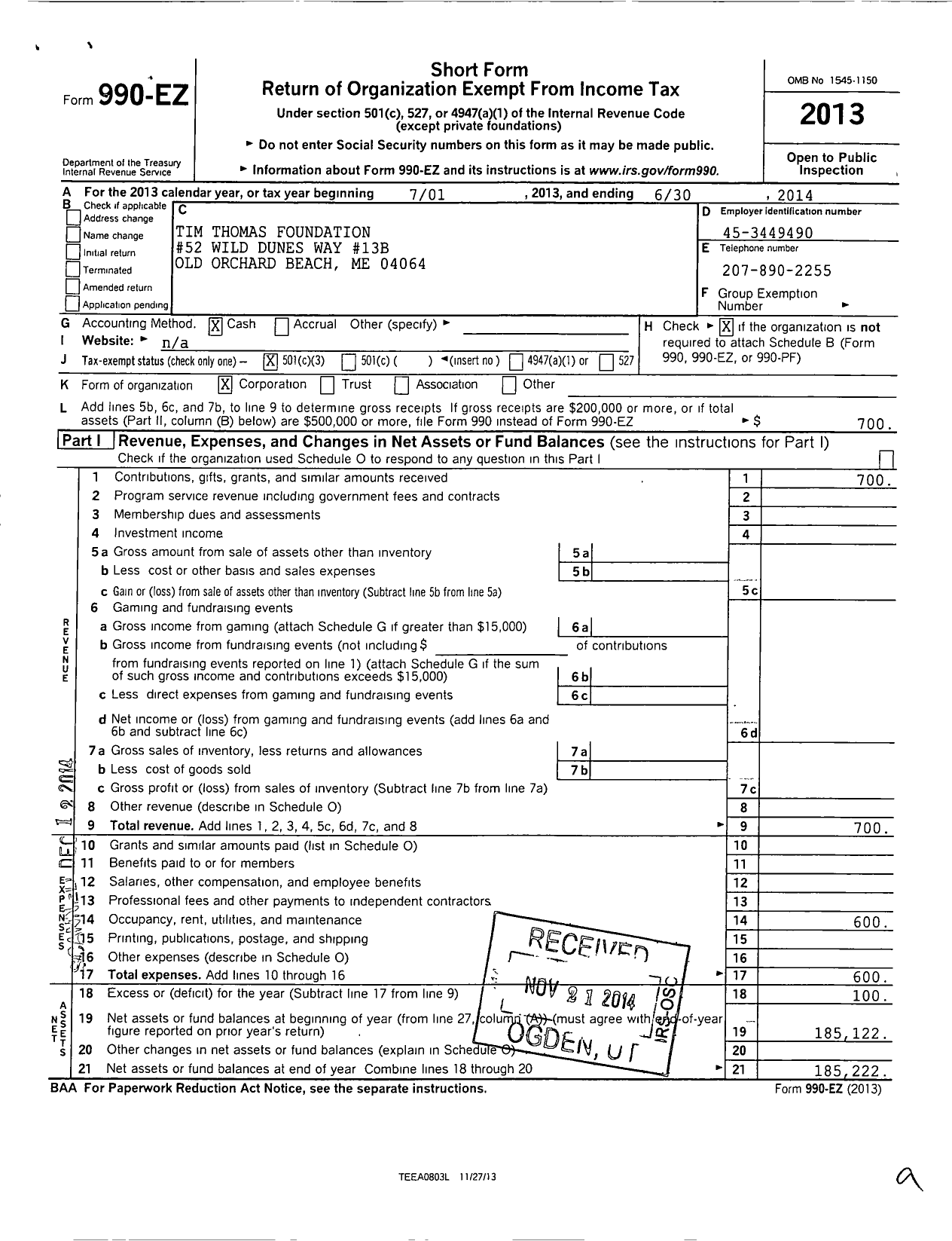 Image of first page of 2013 Form 990EZ for Tim Thomas Foundation