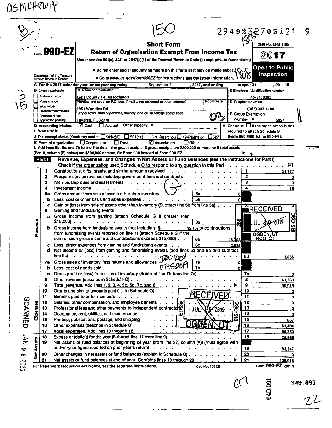 Image of first page of 2017 Form 990EZ for University of Florida / Lake County 4-H Association