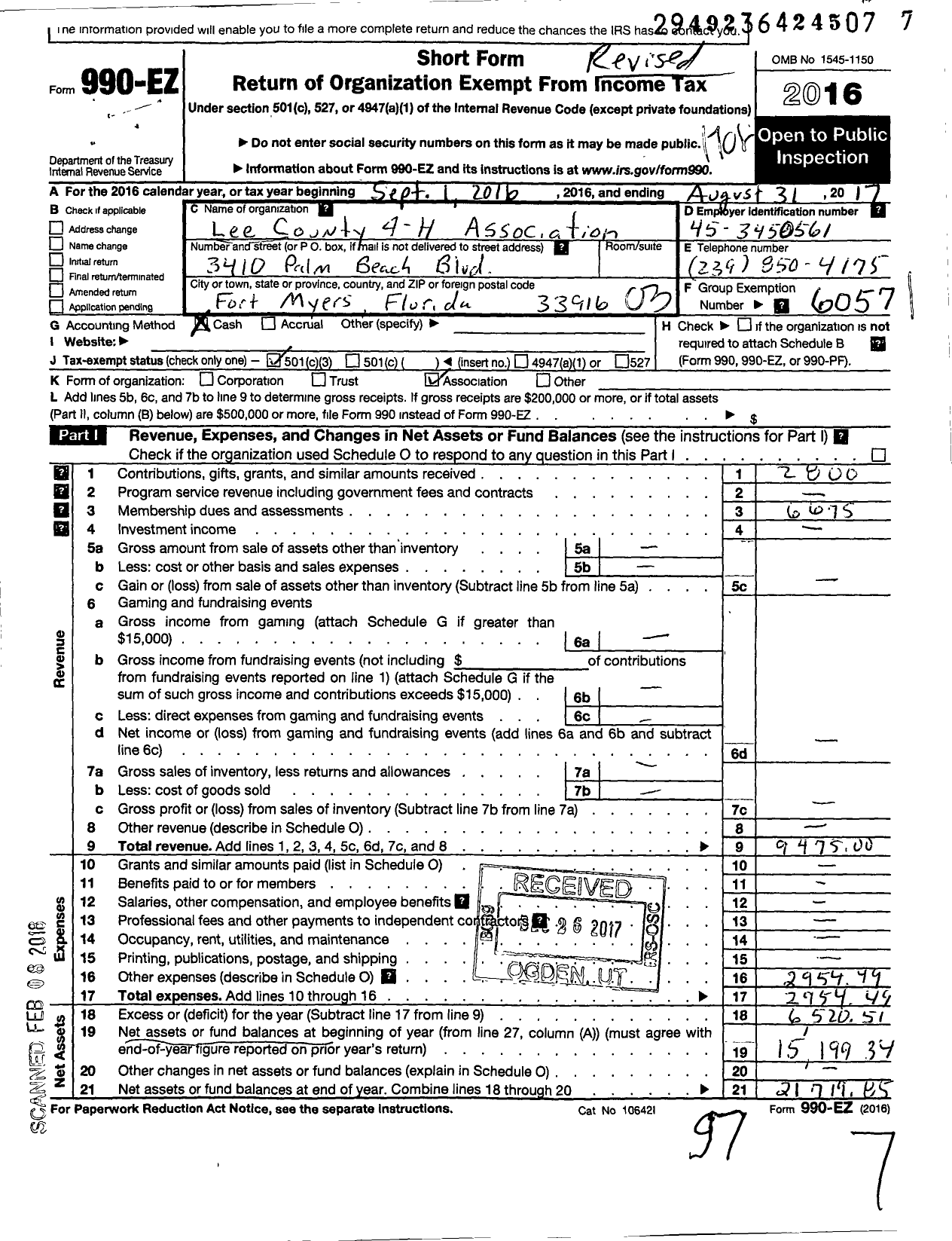 Image of first page of 2016 Form 990EZ for University of Florida / Lee County 4-H Association