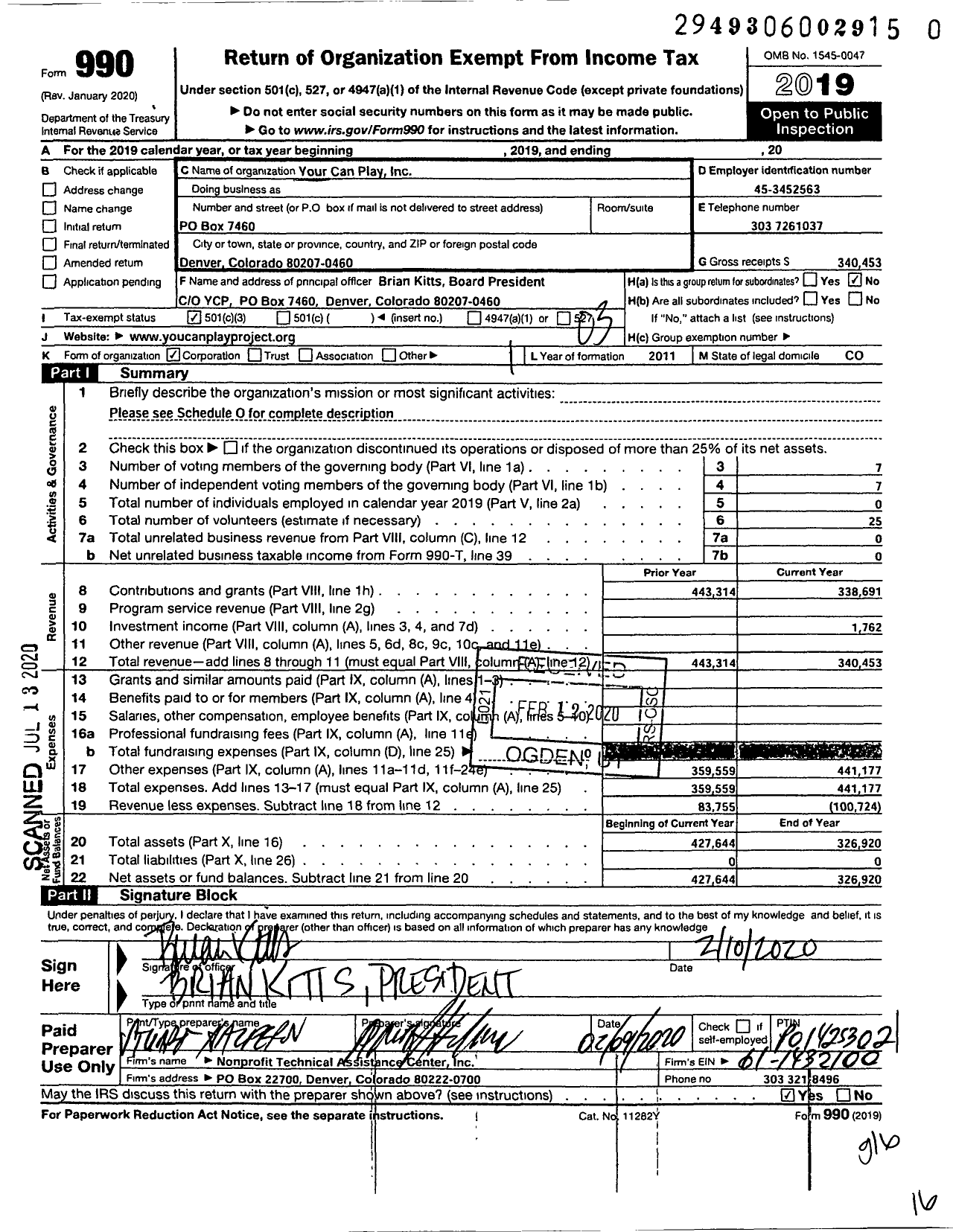 Image of first page of 2019 Form 990 for You Can Play