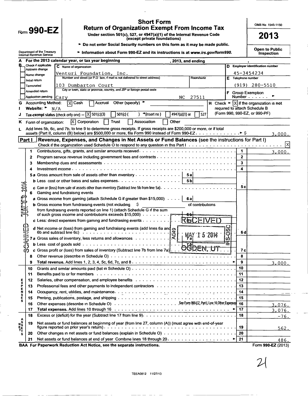 Image of first page of 2013 Form 990EZ for Venturi Foundation