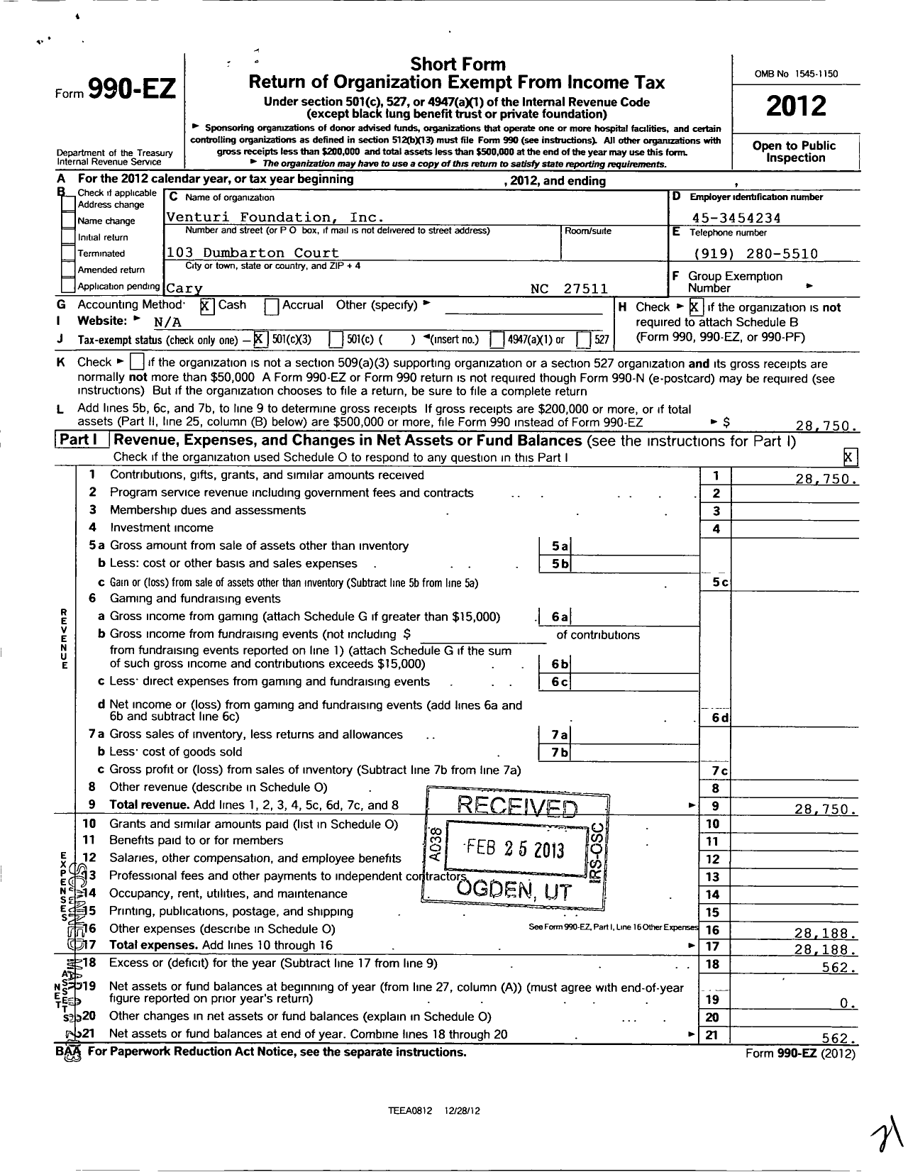 Image of first page of 2012 Form 990EZ for Venturi Foundation