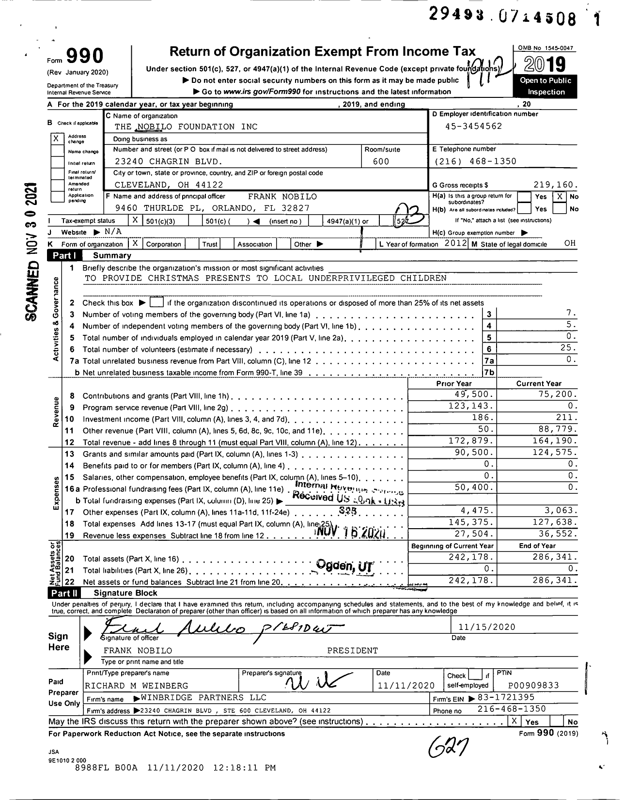 Image of first page of 2019 Form 990 for The Nobilo Foundation