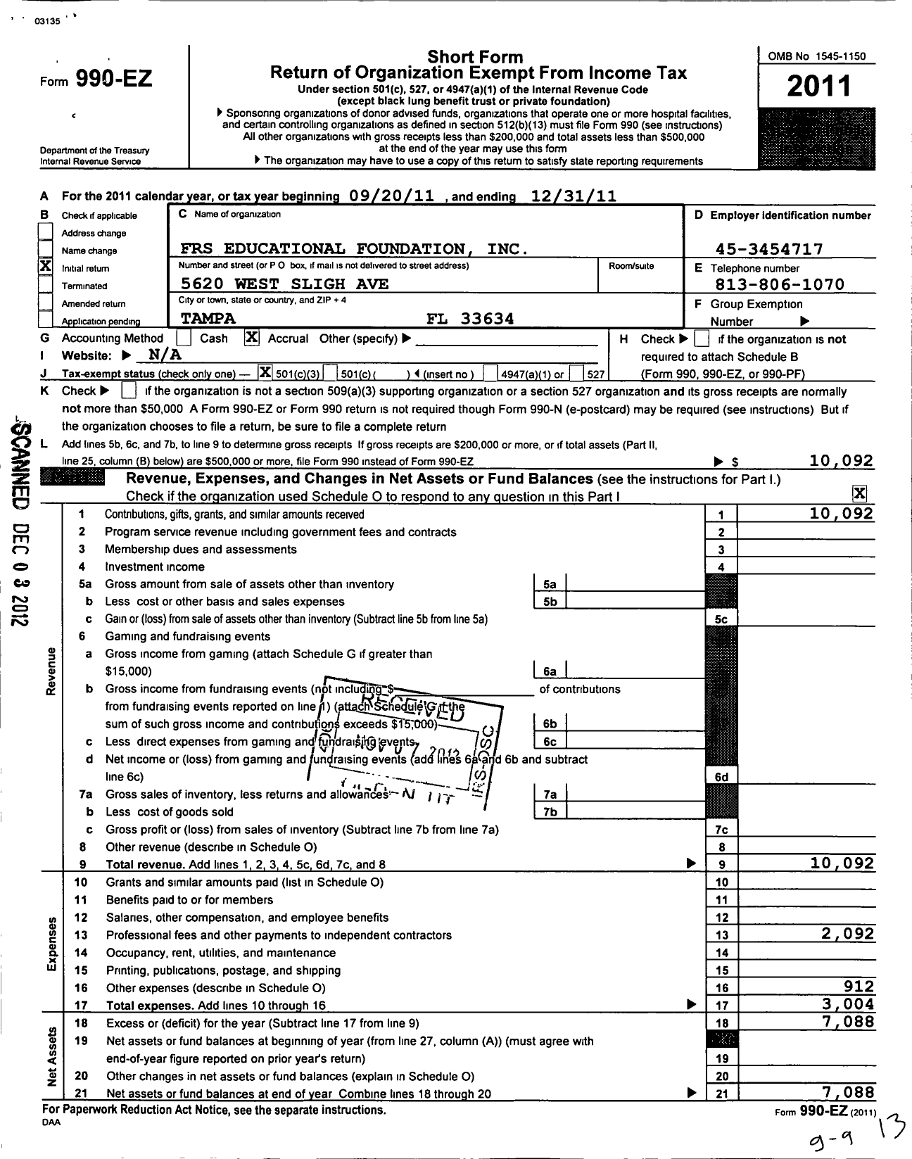 Image of first page of 2011 Form 990EZ for FRS Educational Foundation