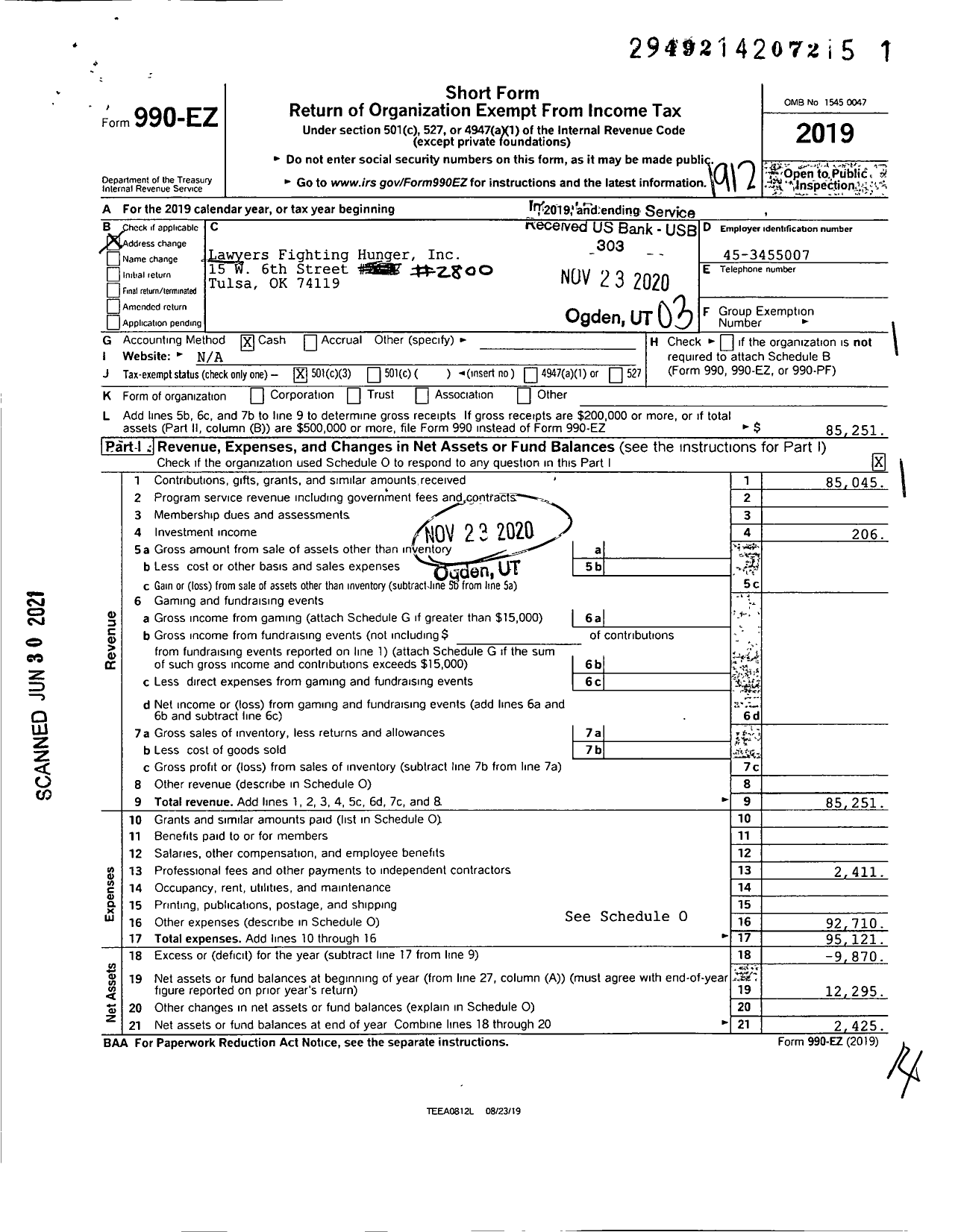 Image of first page of 2019 Form 990EZ for Lawyers Fighting Hunger