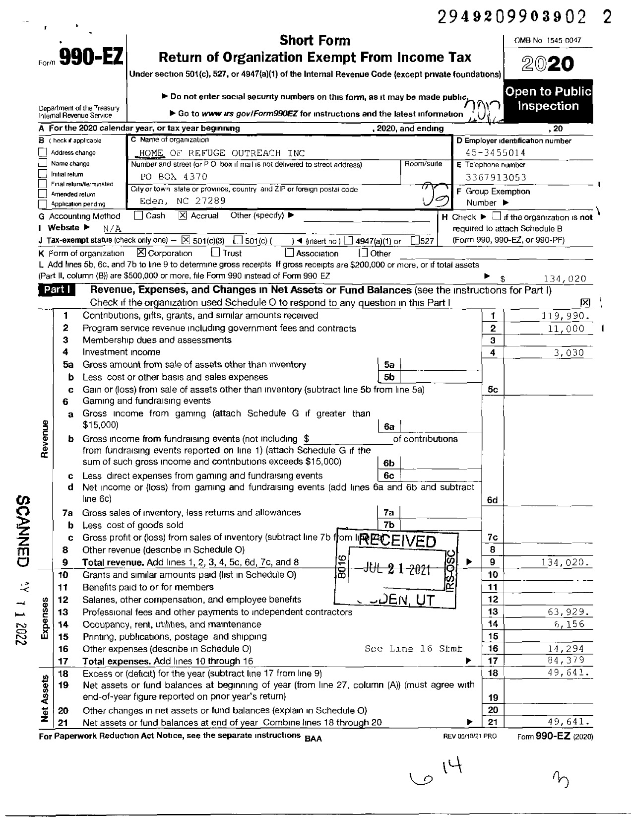 Image of first page of 2020 Form 990EZ for Home of Refuge Outreach