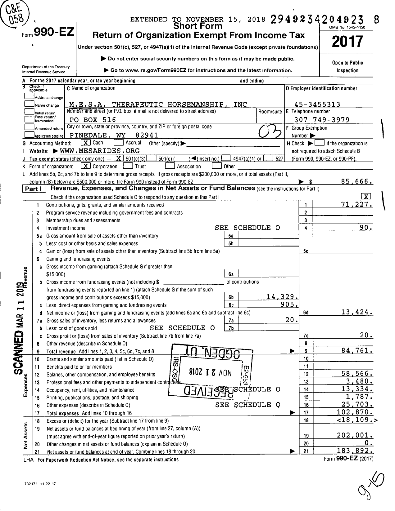 Image of first page of 2017 Form 990EZ for Mesa Therapeutic Horsemanship