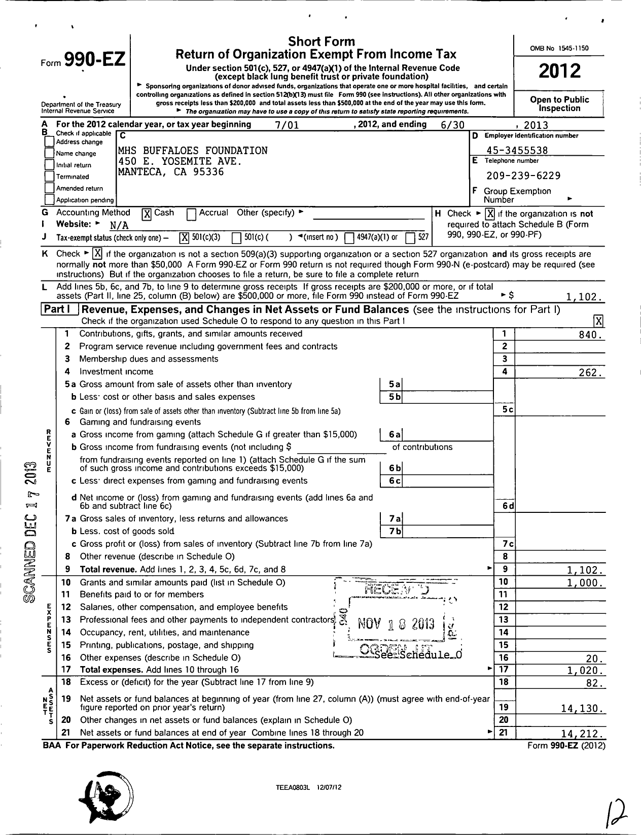 Image of first page of 2012 Form 990EZ for MHS Buffaloes Foundation