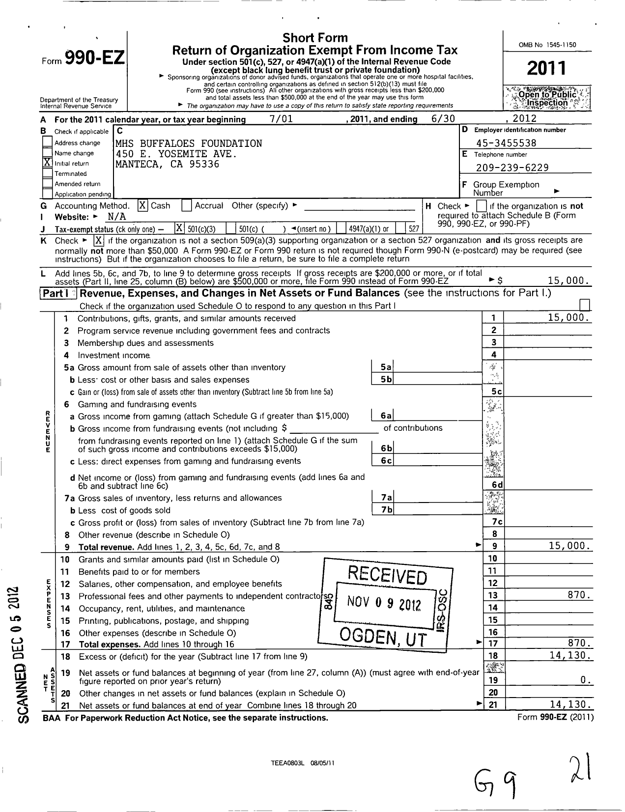 Image of first page of 2011 Form 990EZ for MHS Buffaloes Foundation