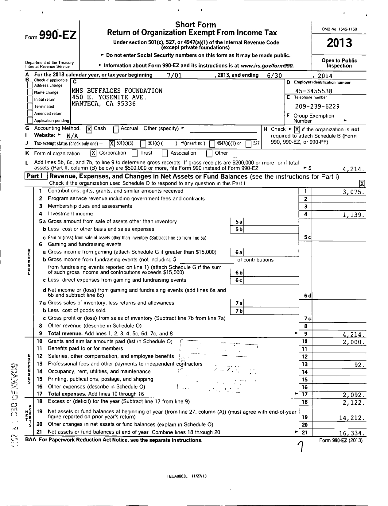 Image of first page of 2013 Form 990EZ for MHS Buffaloes Foundation