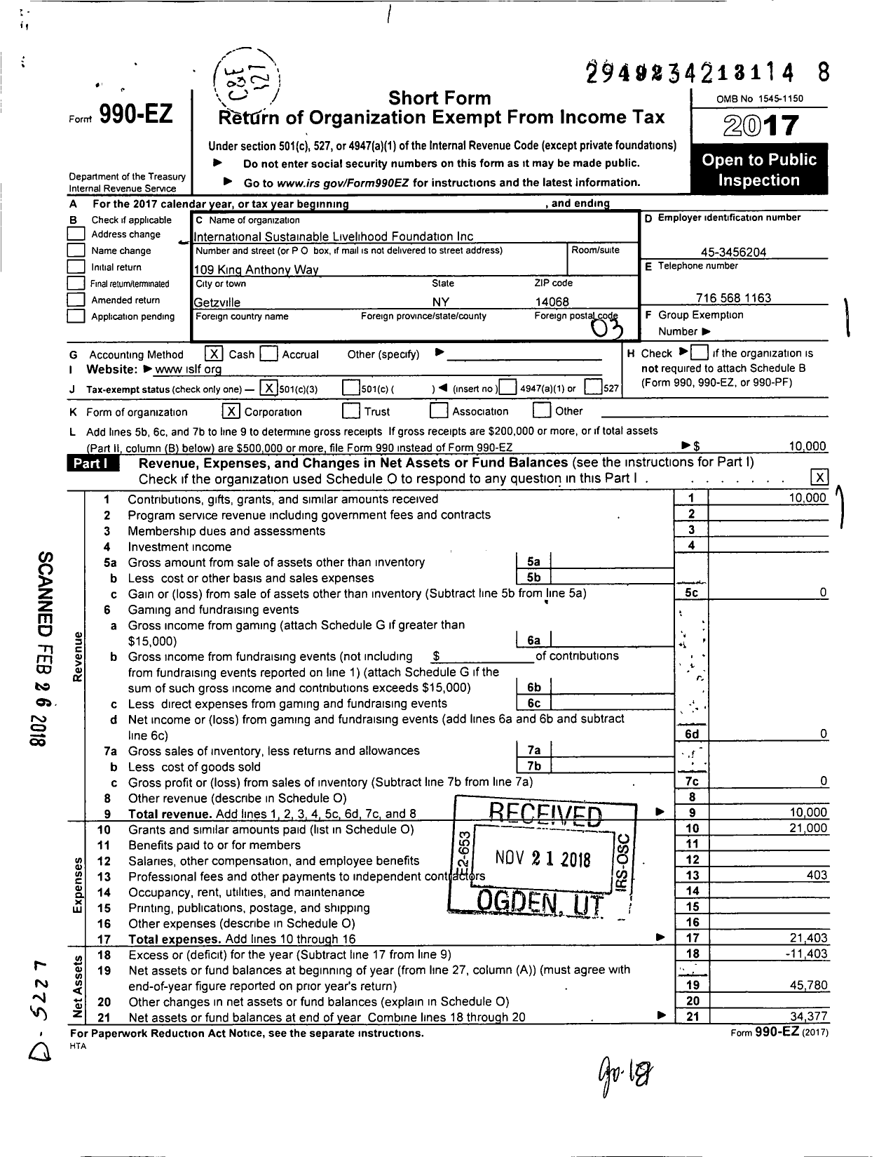 Image of first page of 2017 Form 990EZ for International Sustainable Livelihood Foundation