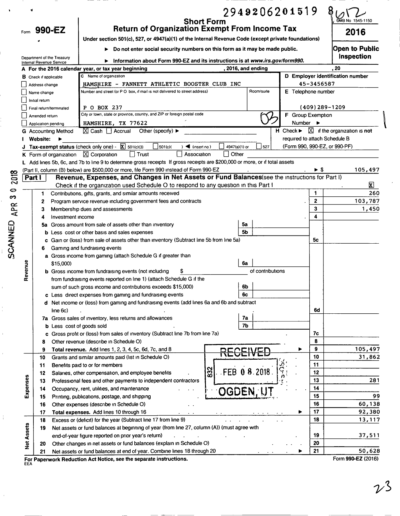 Image of first page of 2016 Form 990EZ for Hamshire - Fannett Athletic Booster Club