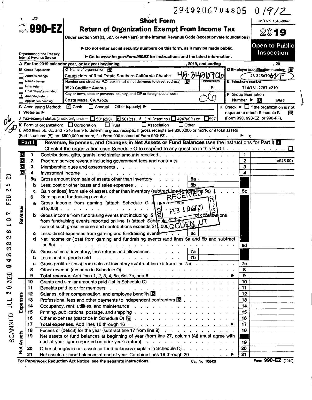 Image of first page of 2019 Form 990EO for Counselors of Real Estate / Southern California Chapter