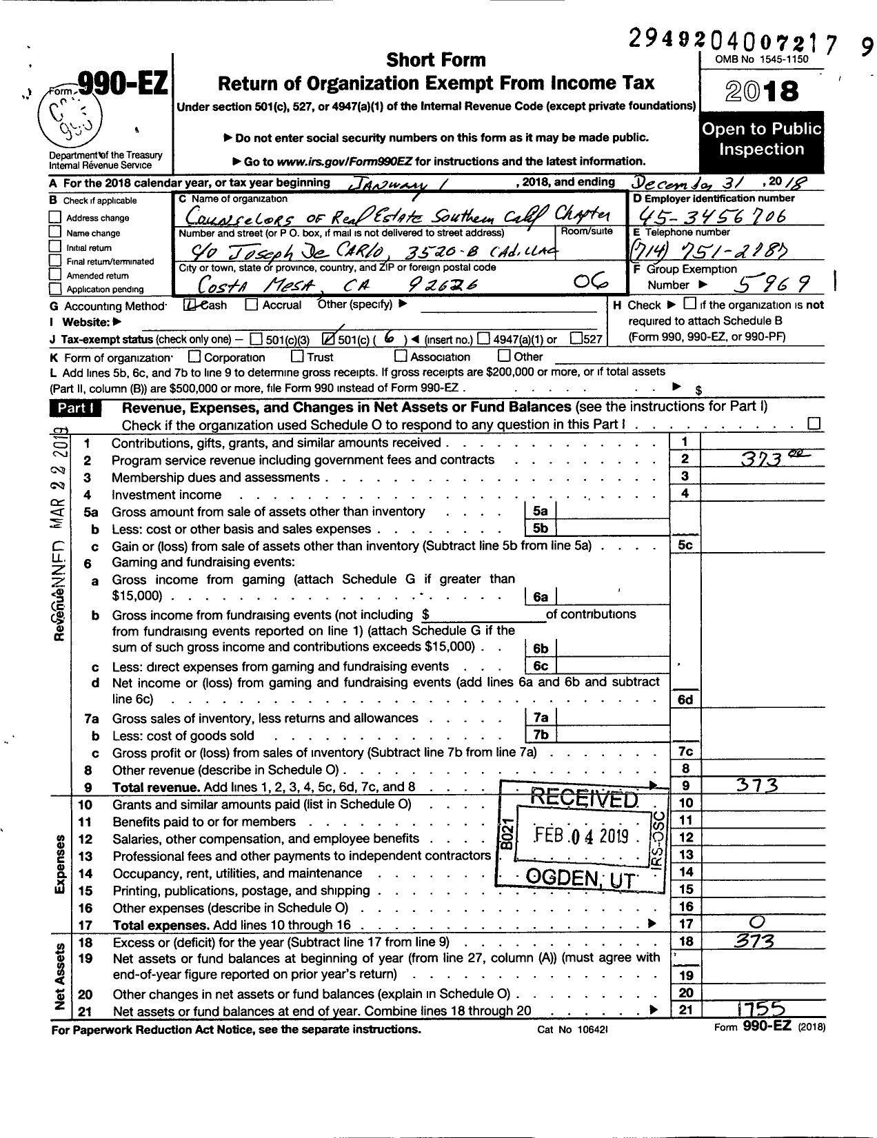 Image of first page of 2018 Form 990EO for Counselors of Real Estate / Southern California Chapter