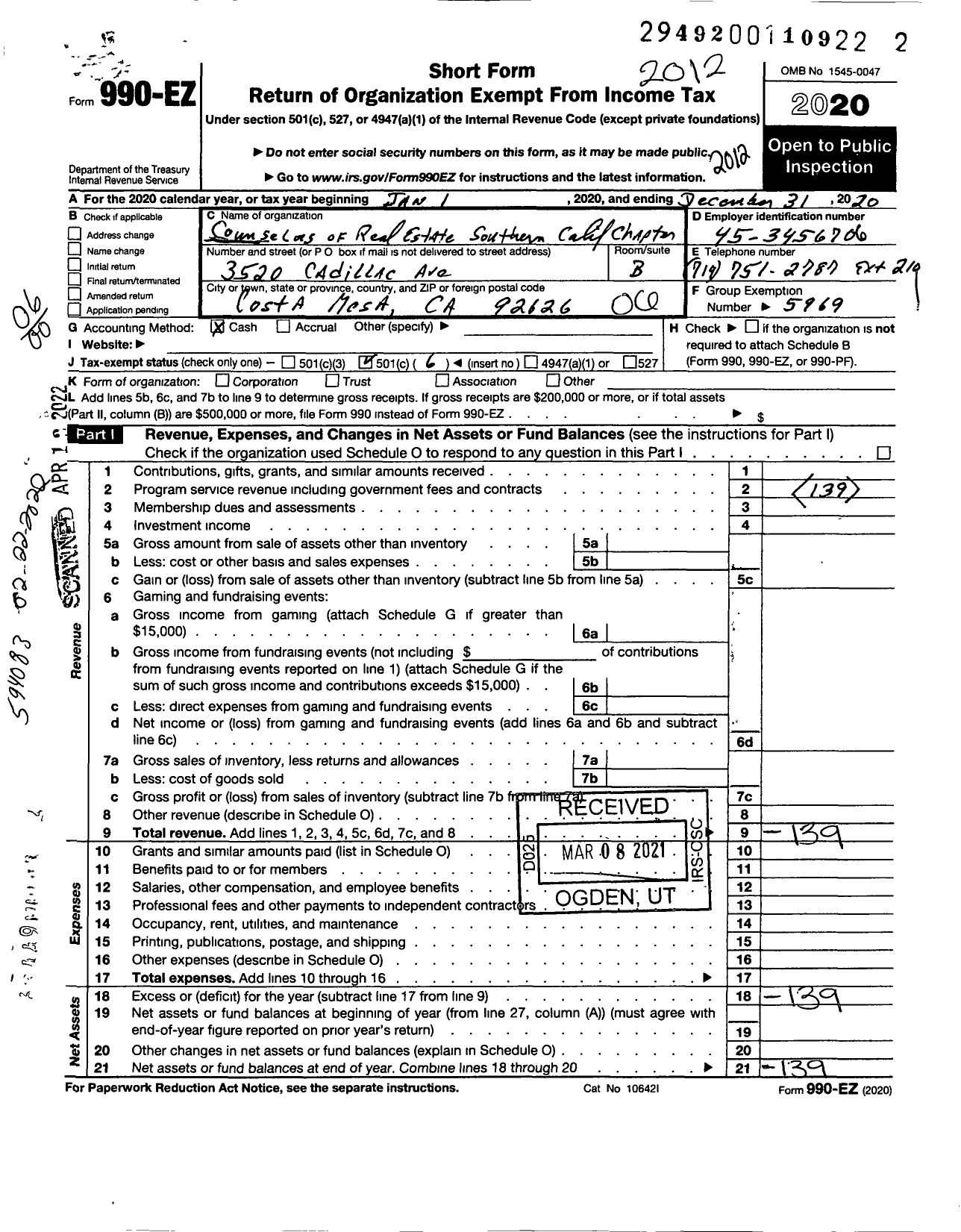 Image of first page of 2020 Form 990EO for Counselors of Real Estate / Southern California Chapter