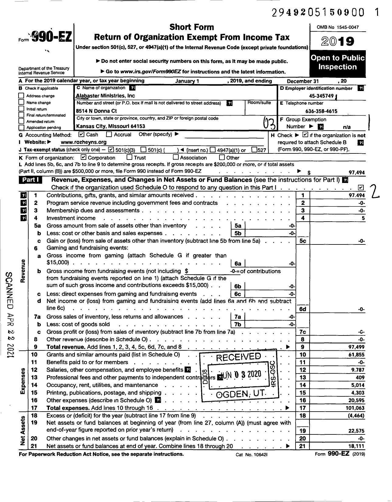 Image of first page of 2019 Form 990EZ for Alabaster Ministries