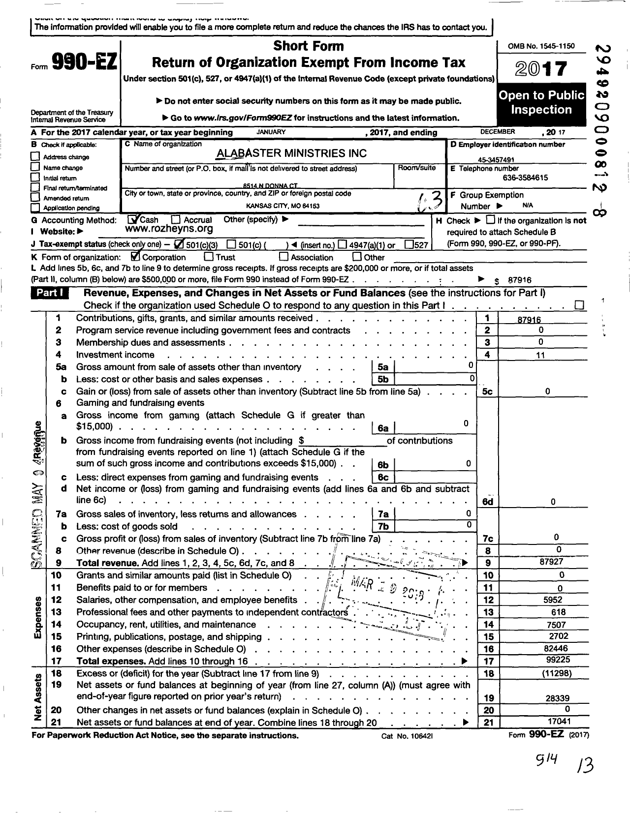 Image of first page of 2017 Form 990EZ for Alabaster Ministries