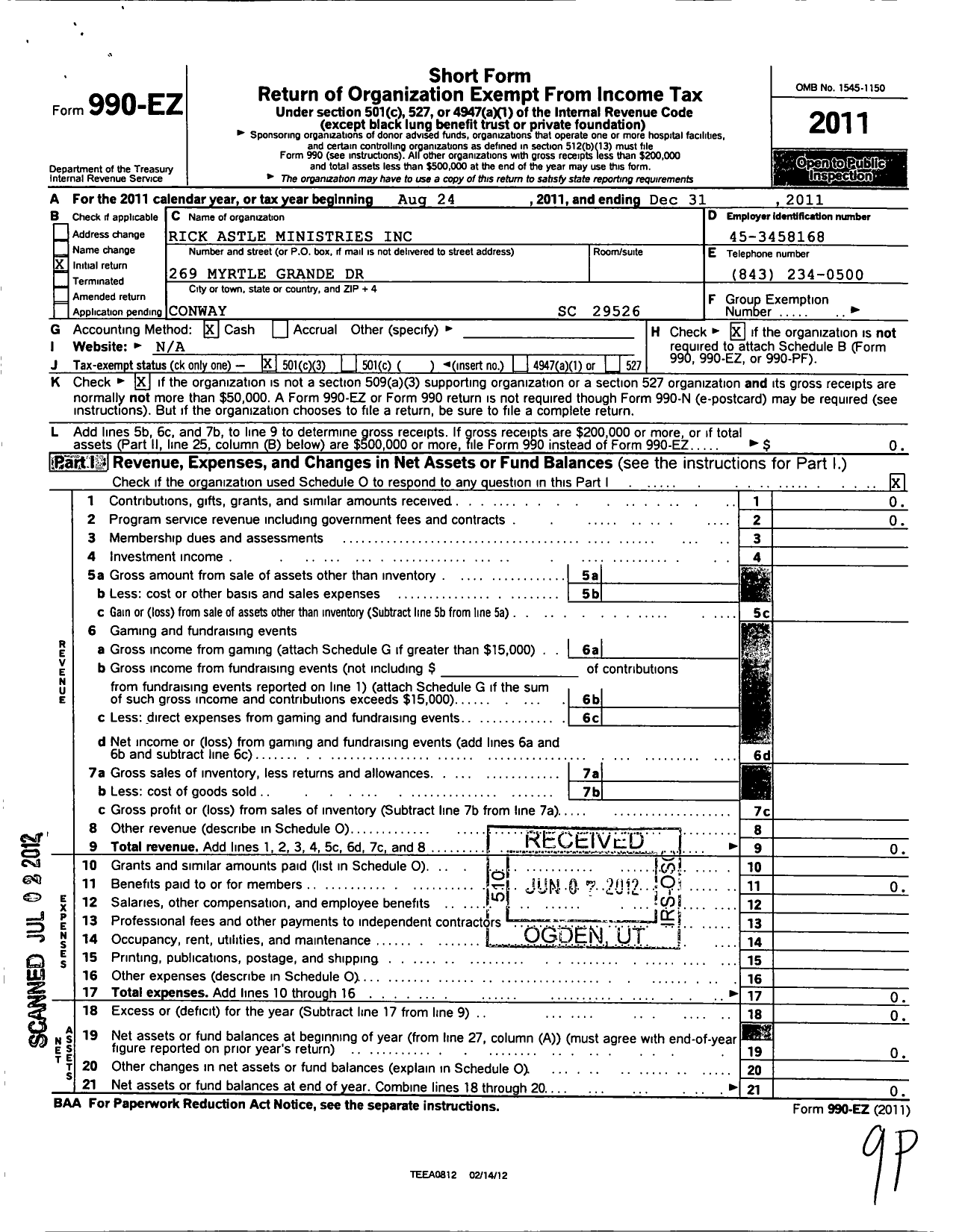 Image of first page of 2011 Form 990EZ for Rick Astle Ministries