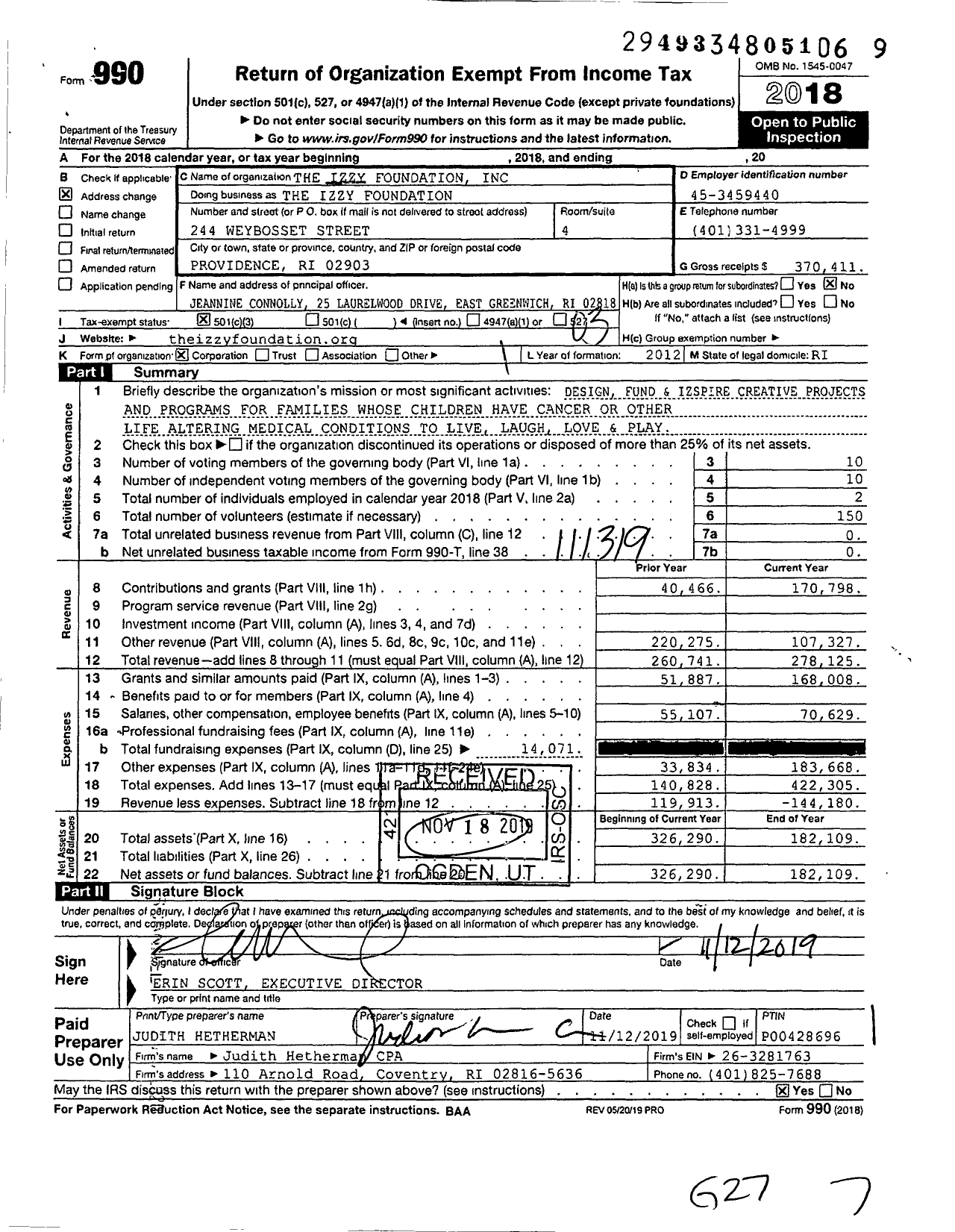 Image of first page of 2018 Form 990 for The Izzy Foundation