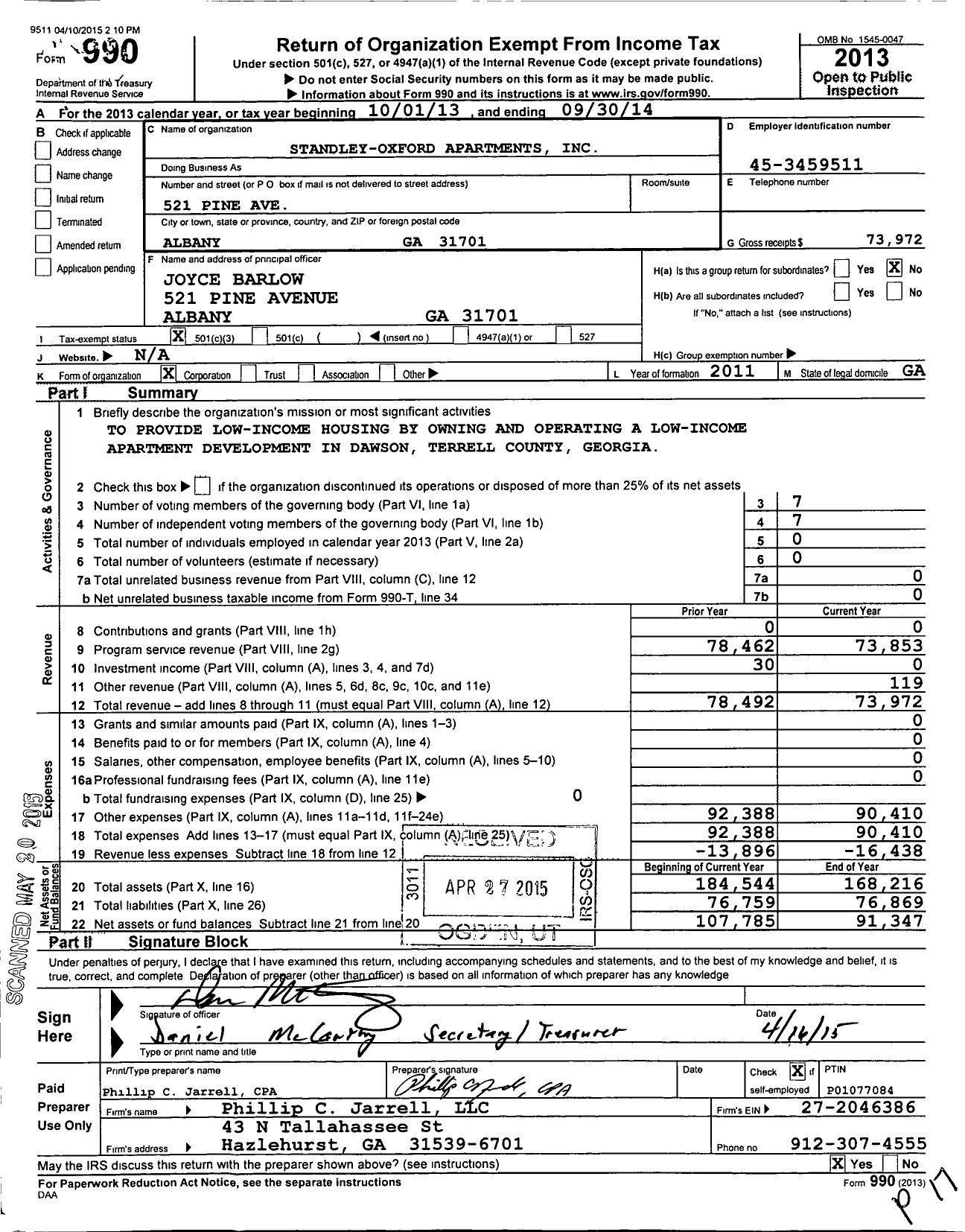 Image of first page of 2013 Form 990 for Standley-Oxford Apartments