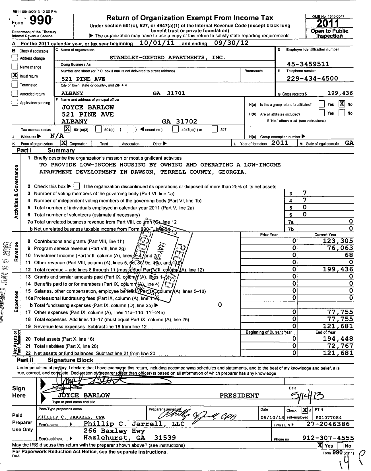 Image of first page of 2011 Form 990 for Standley-Oxford Apartments