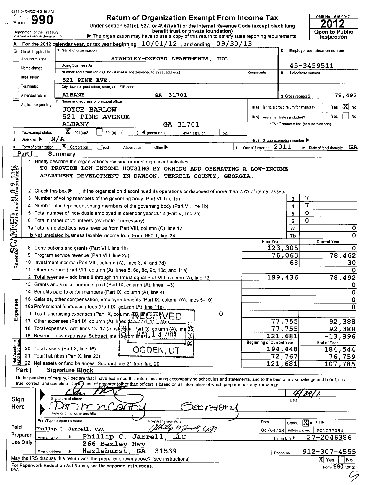 Image of first page of 2012 Form 990 for Standley-Oxford Apartments