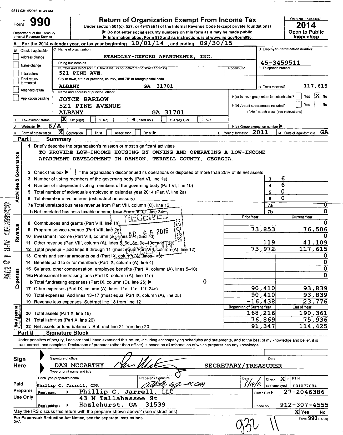 Image of first page of 2014 Form 990 for Standley-Oxford Apartments