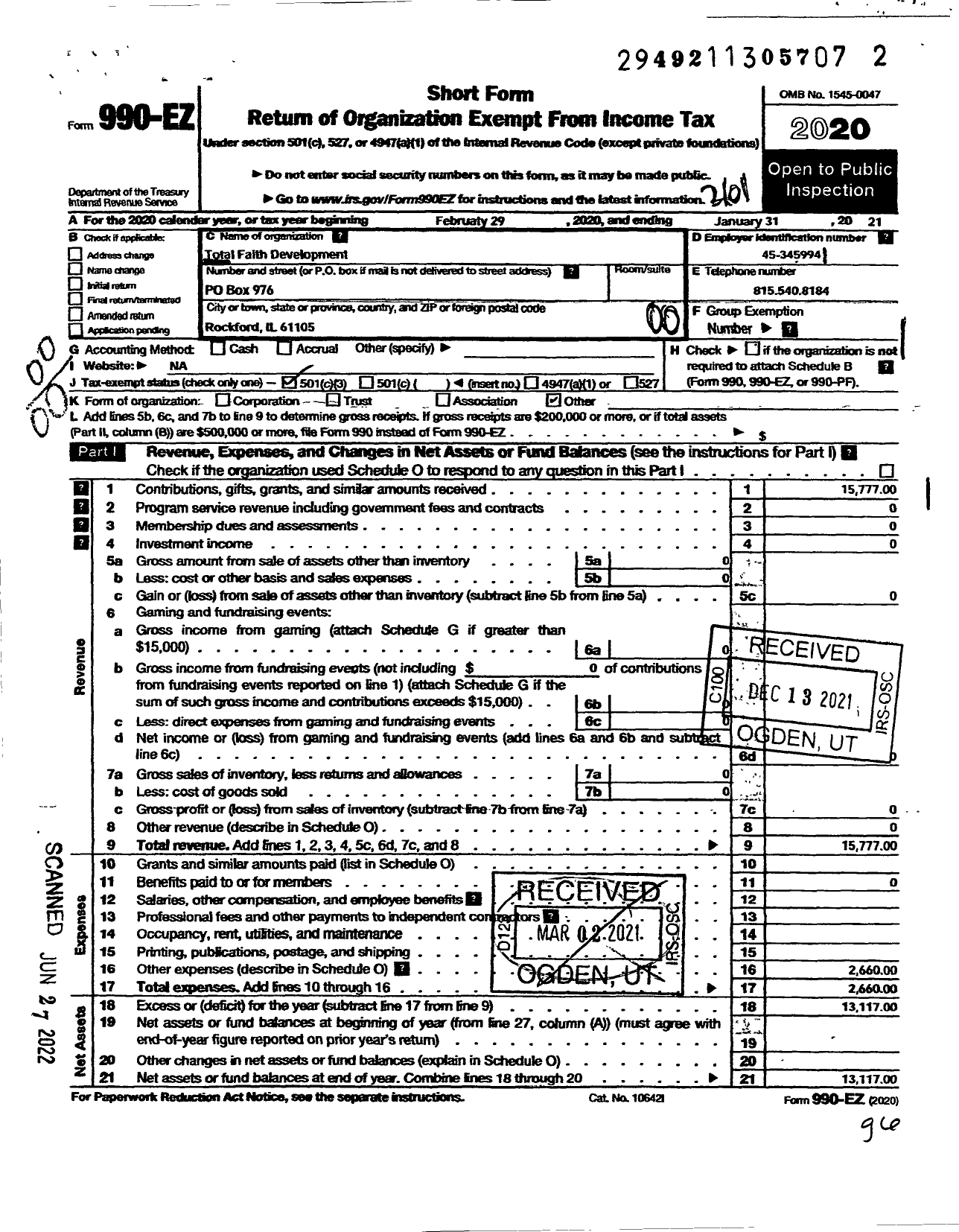 Image of first page of 2020 Form 990EO for Total Faith Development