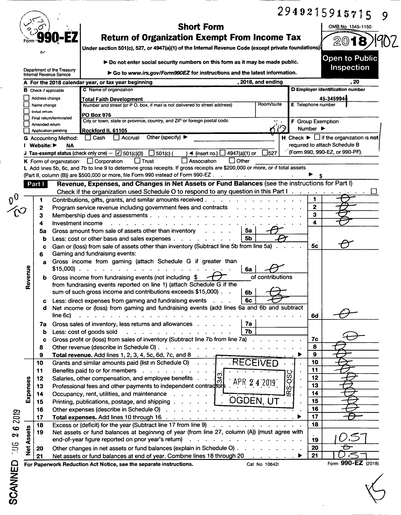 Image of first page of 2018 Form 990EO for Total Faith Development