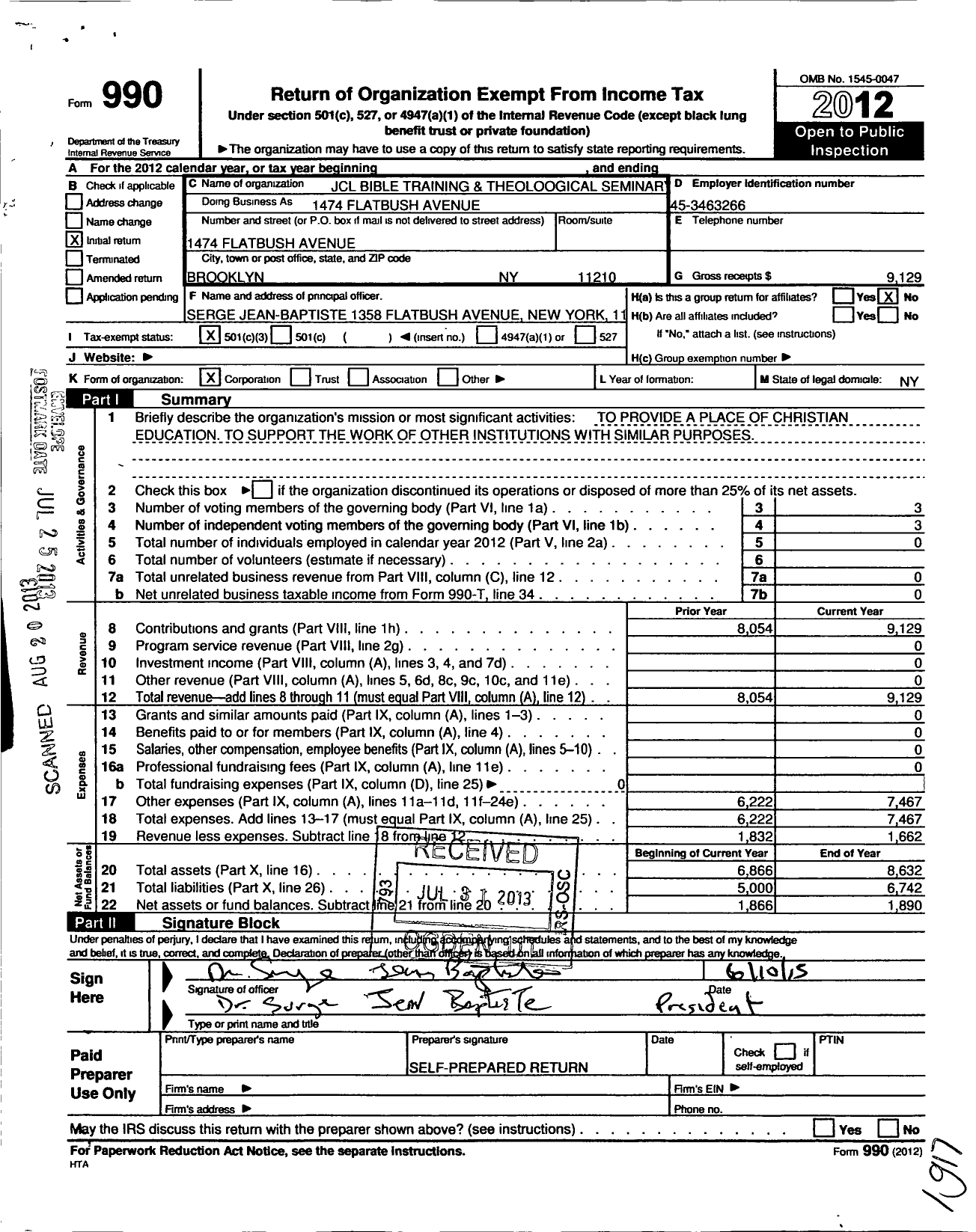 Image of first page of 2012 Form 990 for JCL Bible Training Center & Theological Seminary