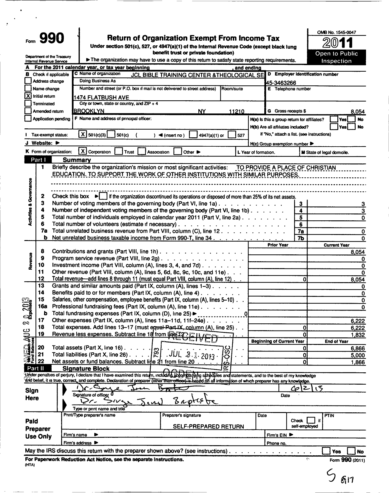 Image of first page of 2011 Form 990 for JCL Bible Training Center & Theological Seminary