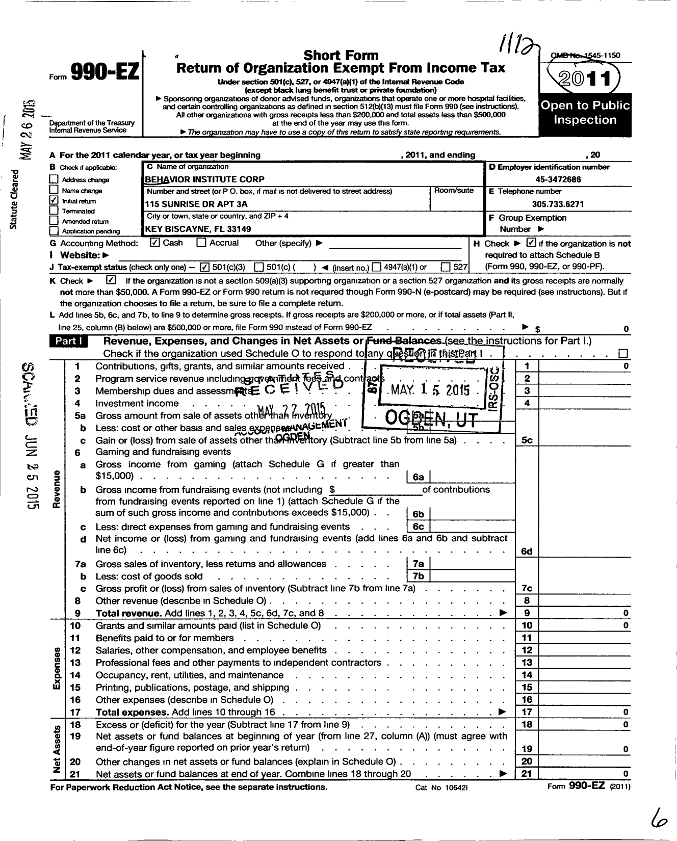 Image of first page of 2011 Form 990EZ for Behavior Institute Corporation