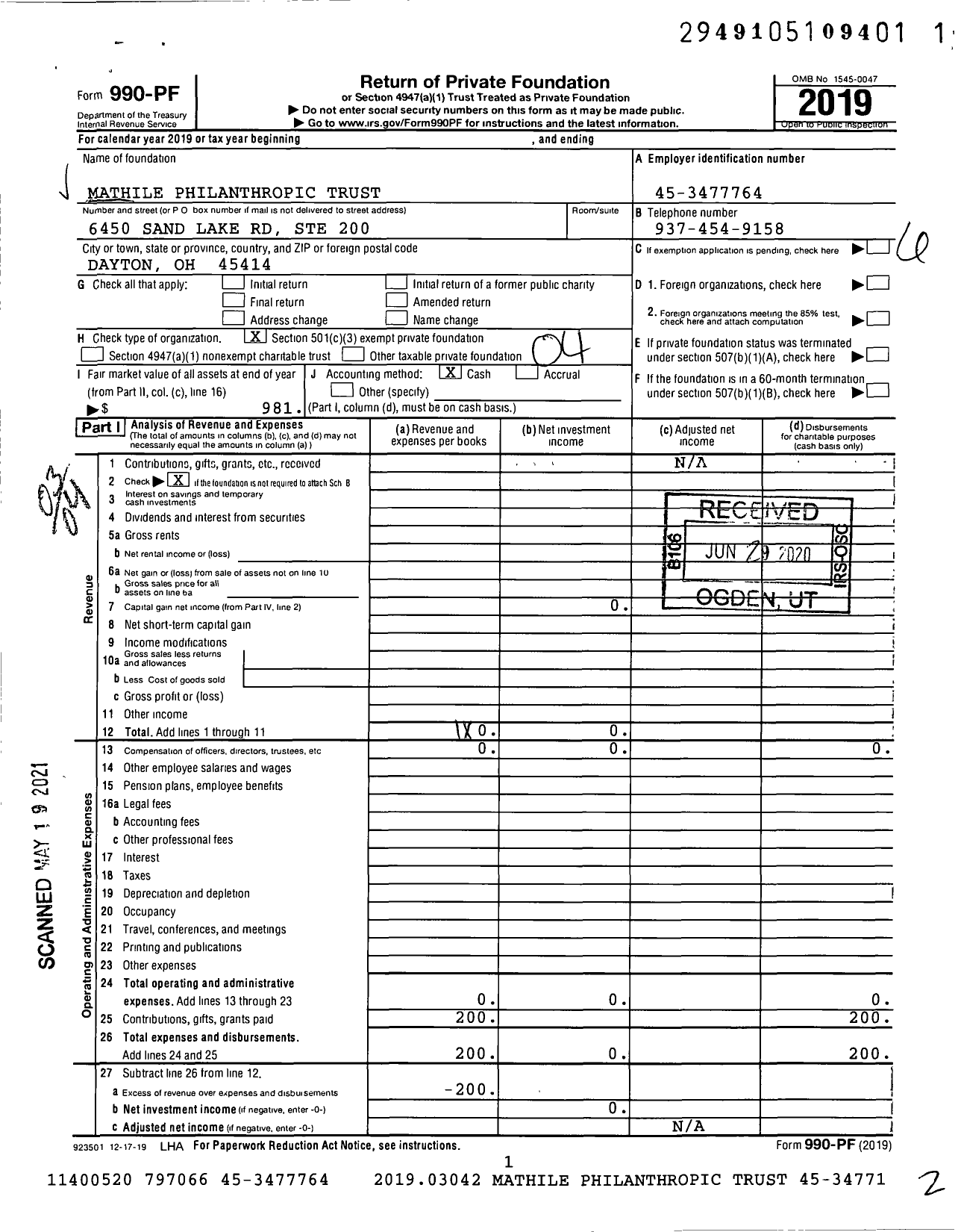 Image of first page of 2019 Form 990PF for Mathile Philanthropic Trust