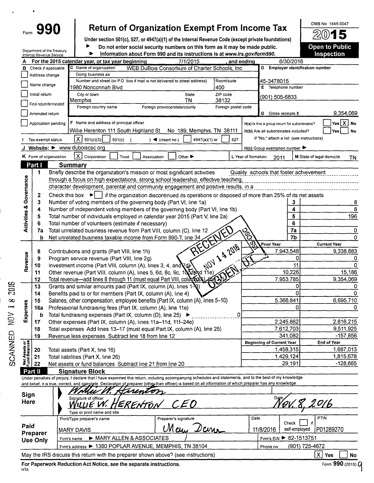 Image of first page of 2015 Form 990 for W. E. B. Dubois Consortium of Charter Schools