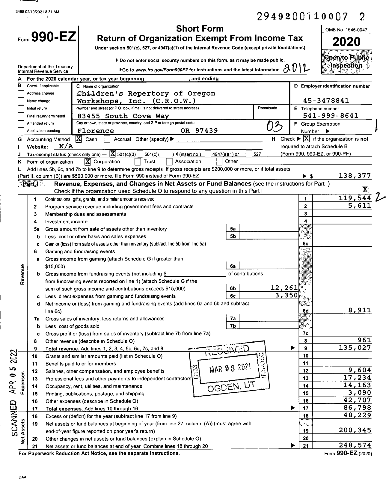 Image of first page of 2020 Form 990EZ for Children's Repertory of Oregon Workshops (CROW)