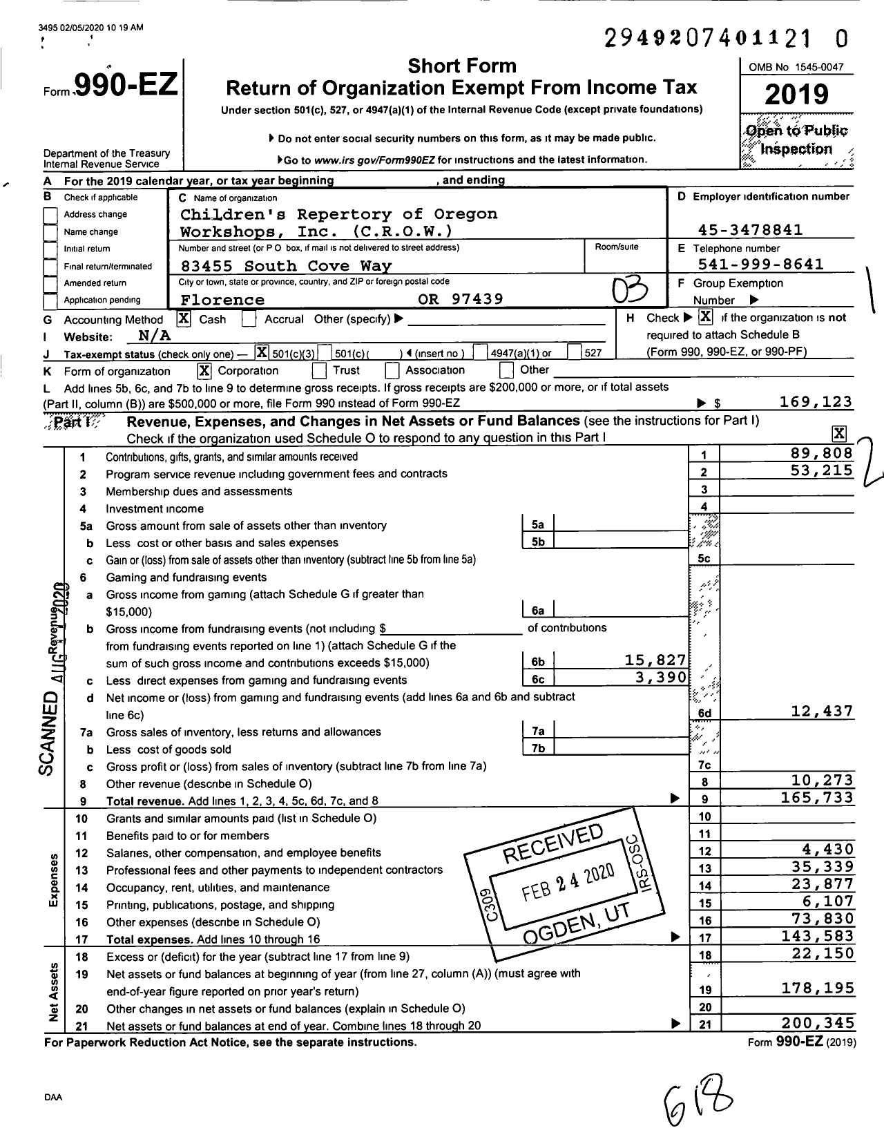 Image of first page of 2019 Form 990EZ for Children's Repertory of Oregon Workshops (CROW)