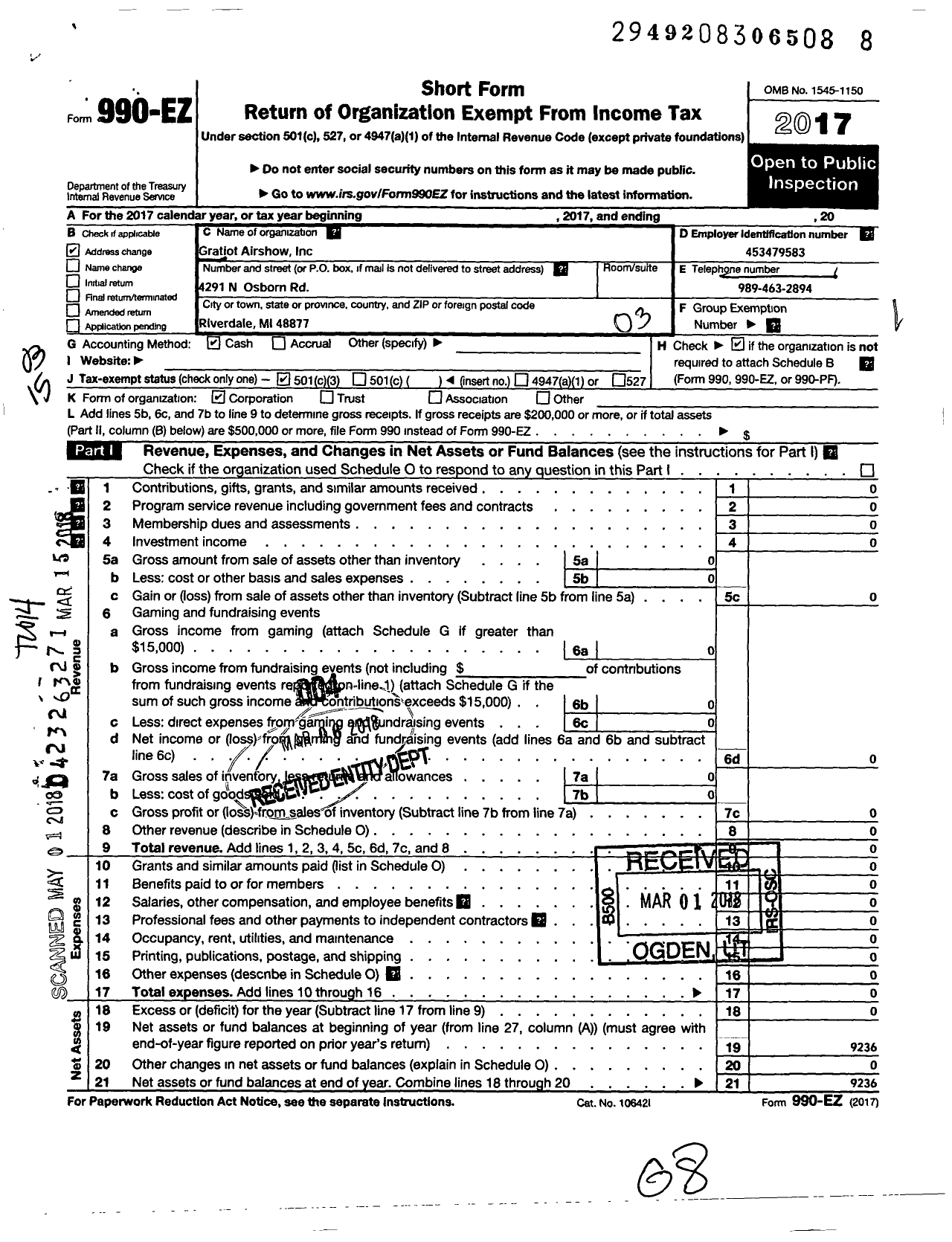 Image of first page of 2017 Form 990EZ for Gratiot Air Show