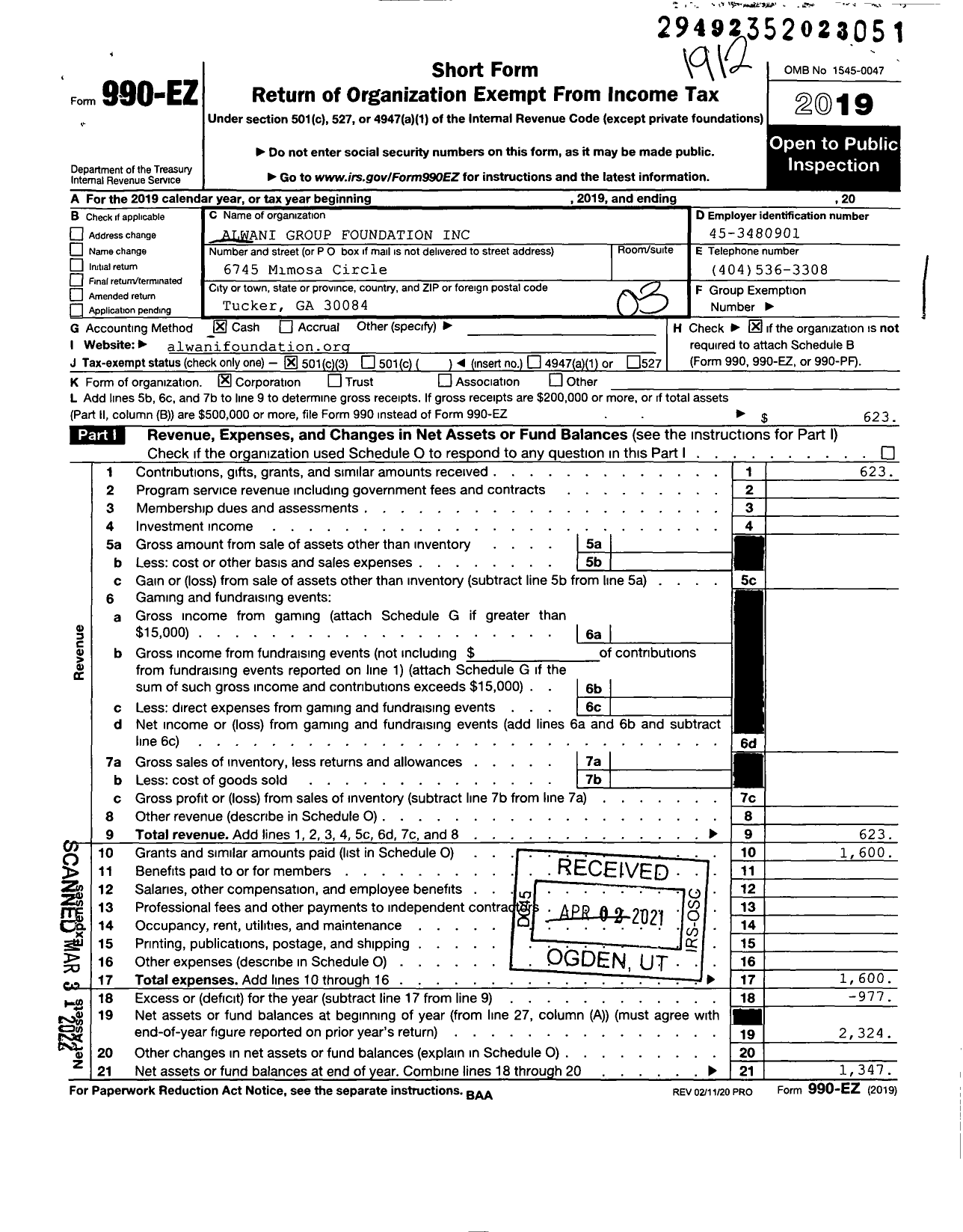 Image of first page of 2019 Form 990EZ for Alwani Group Foundation