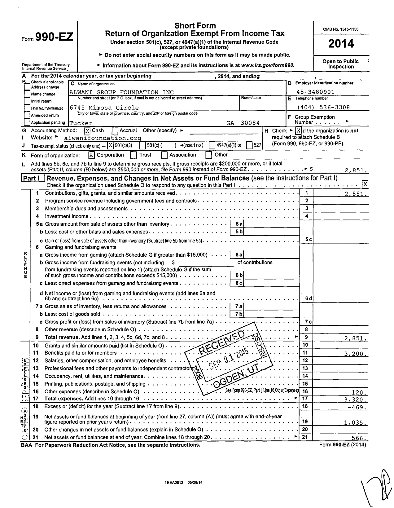 Image of first page of 2014 Form 990EZ for Alwani Group Foundation