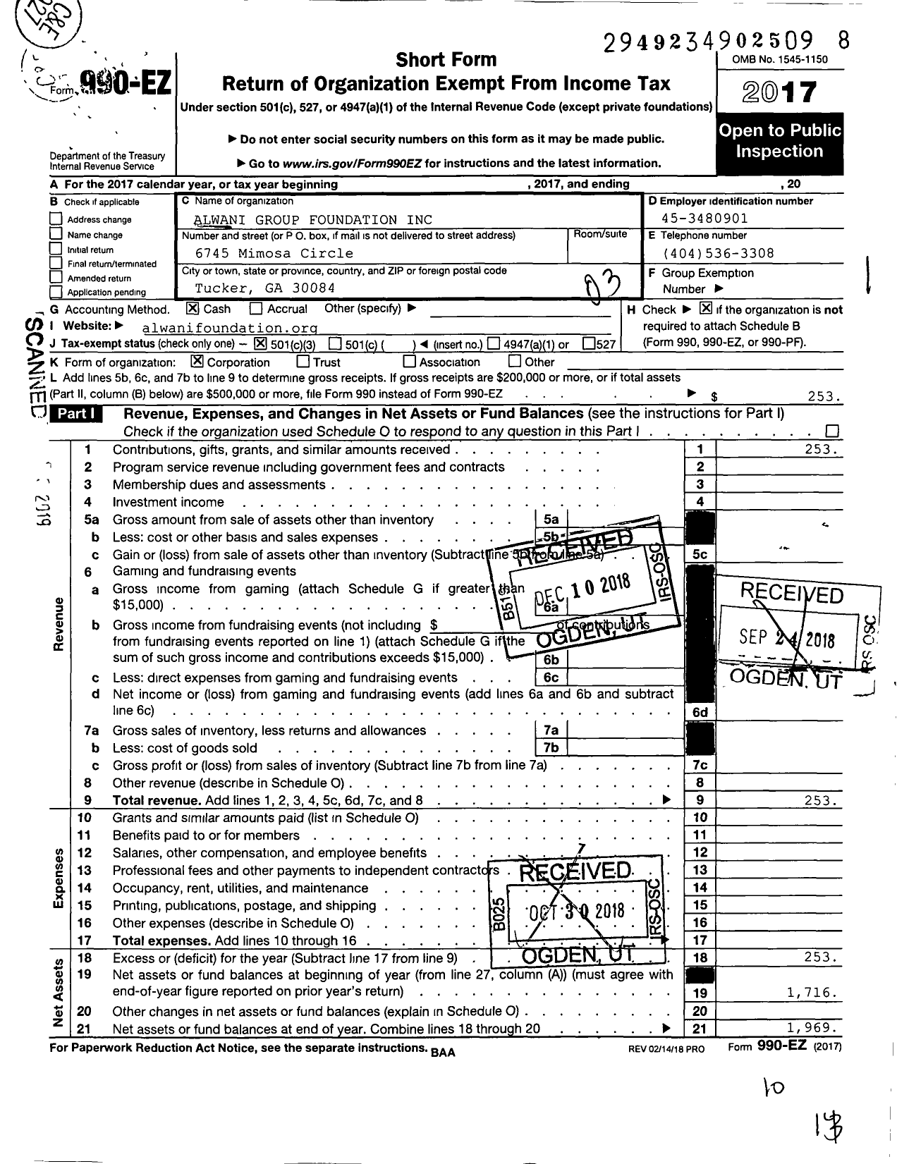 Image of first page of 2017 Form 990EZ for Alwani Group Foundation