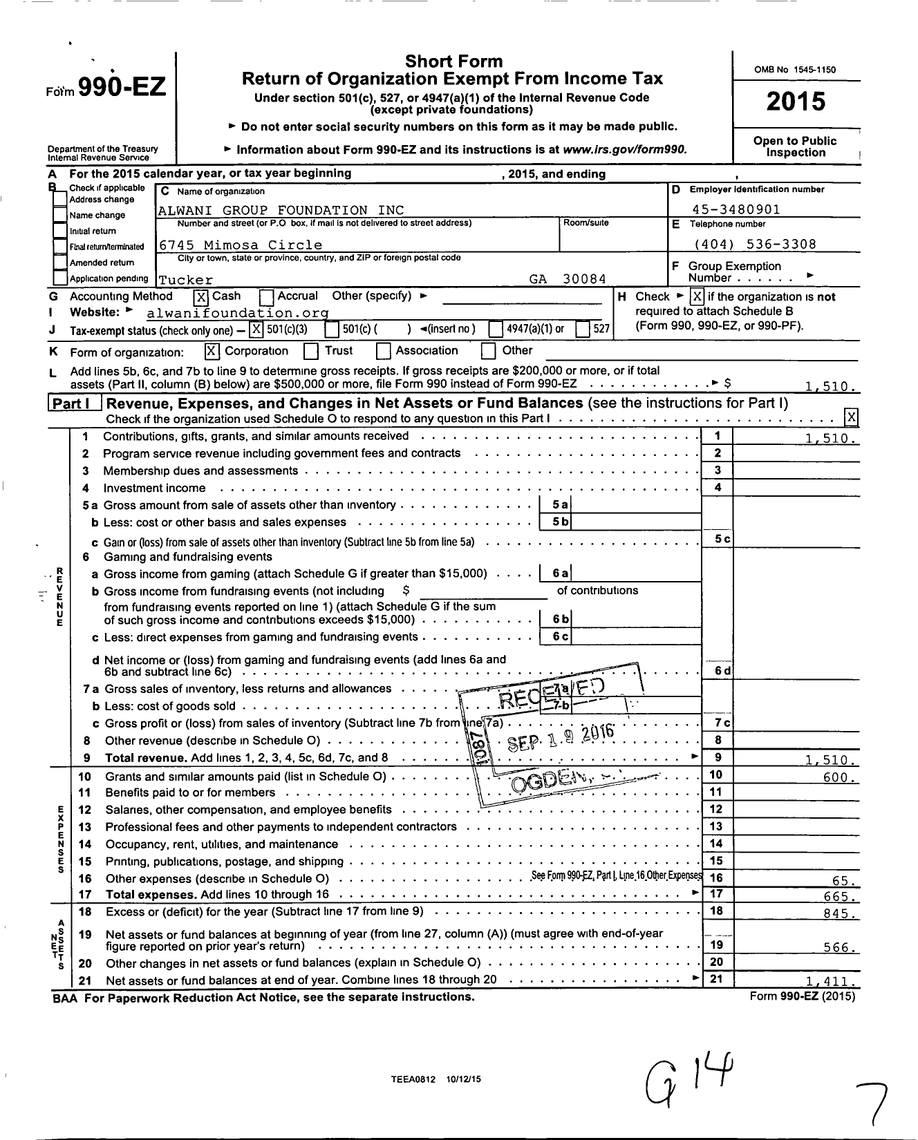 Image of first page of 2015 Form 990EZ for Alwani Group Foundation