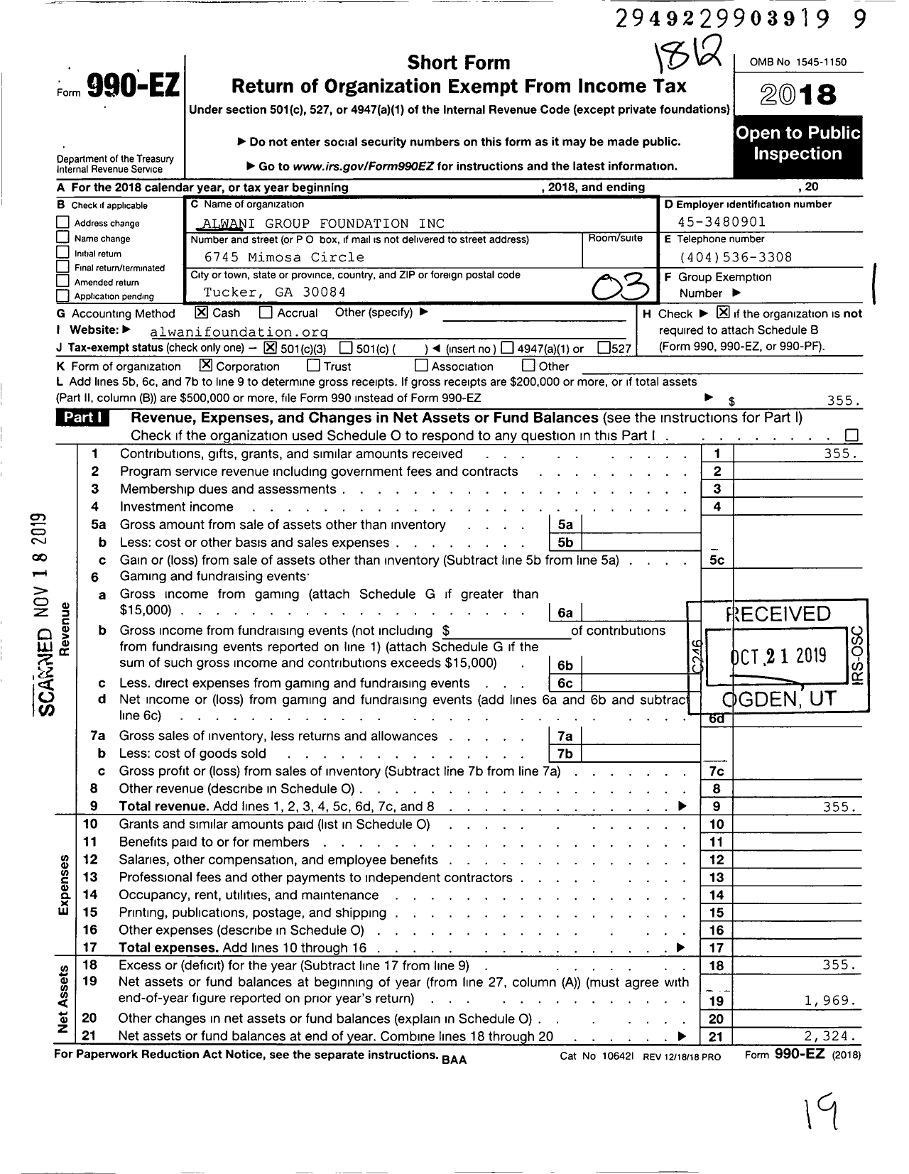 Image of first page of 2018 Form 990EZ for Alwani Group Foundation